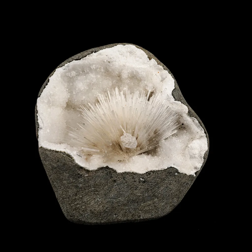 Scolecite Spray Inside MM Quartz Geode Natural Mineral Specimen image