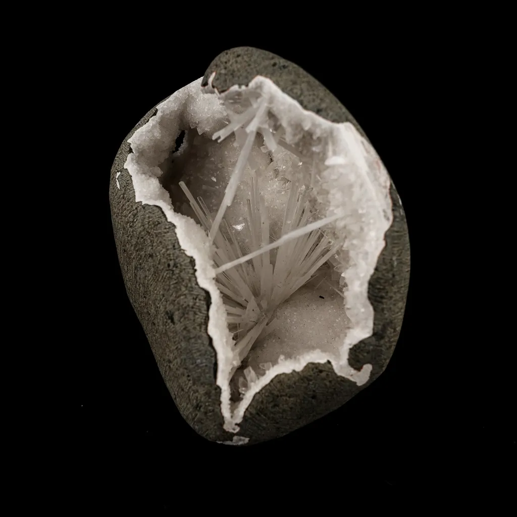 Scolecite Spray Inside MM Quartz Geode Natural Mineral Specimen image