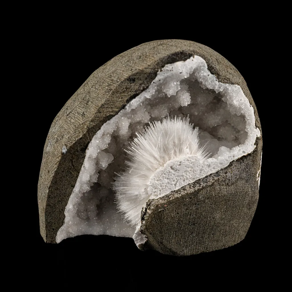 Scolecite Spray Inside MM Quartz Geode Natural Mineral Specimen image