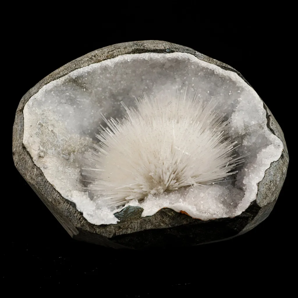 Scolecite Spray Inside MM Quartz Geode Natural Mineral Specimen image