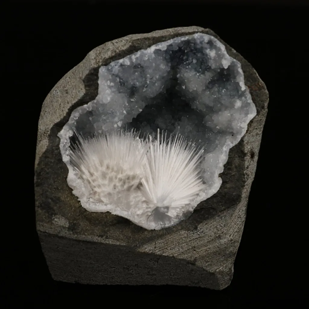 Scolecite Spray Inside MM Quartz Geode Natural Mineral Specimen image
