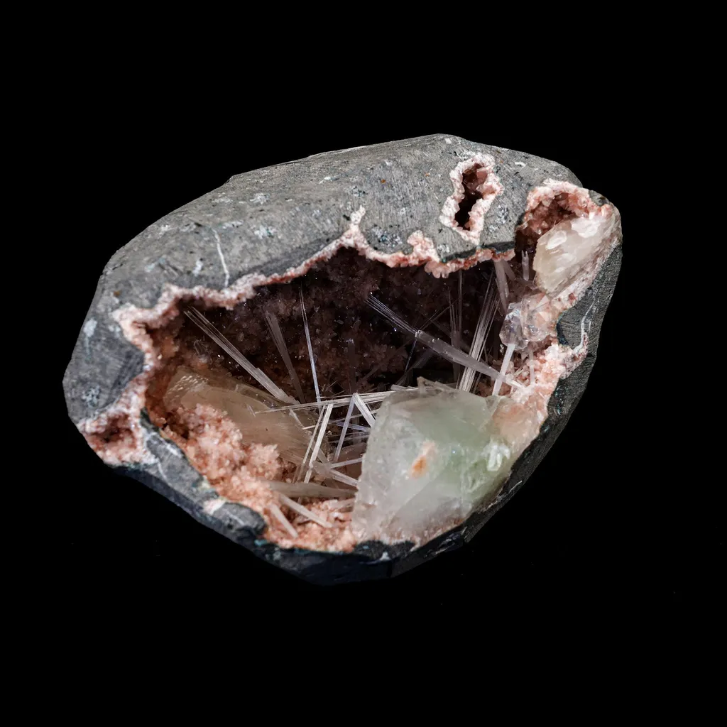 Scolecite Spray with Apophyllite Inside Heulandite Geode Natural Mineral Specimen image