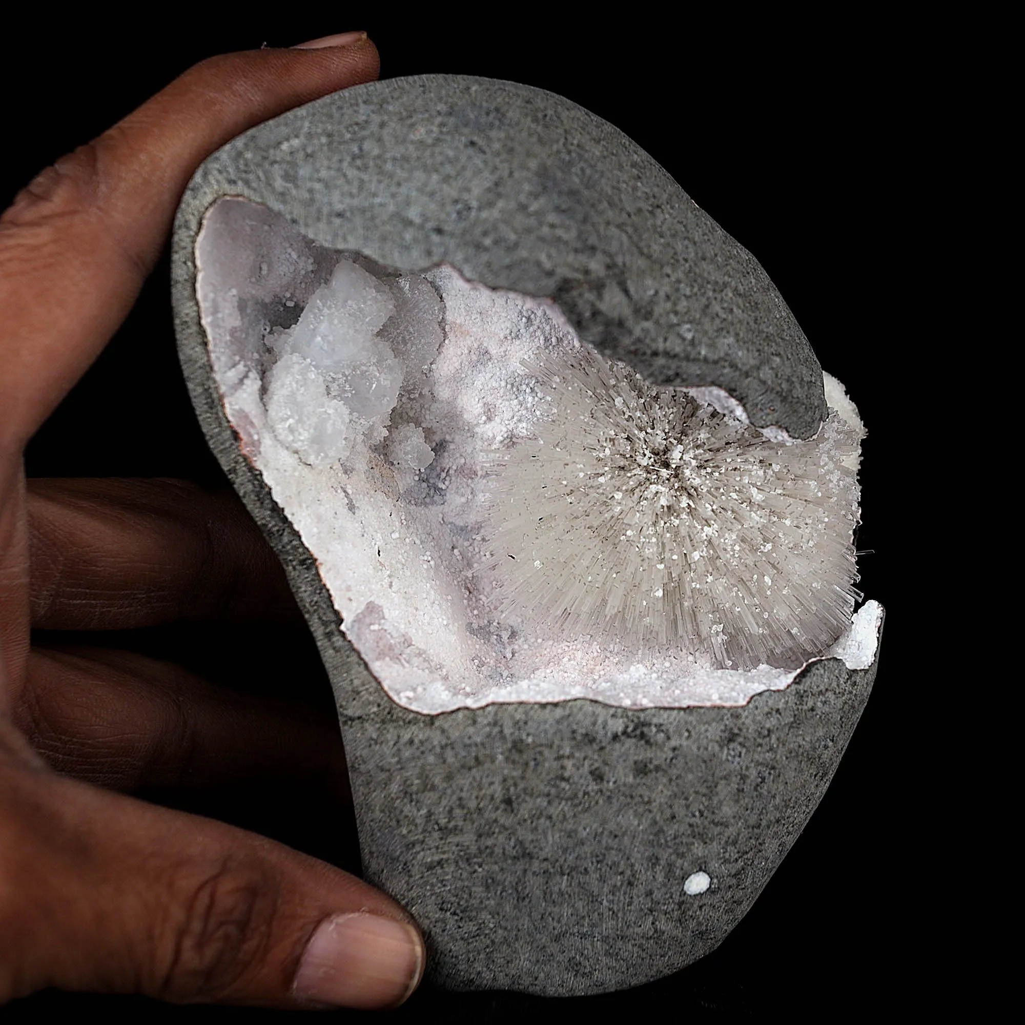 Scolecite Spray with Goosecreekite Inside Chalcedony Geode - image 4