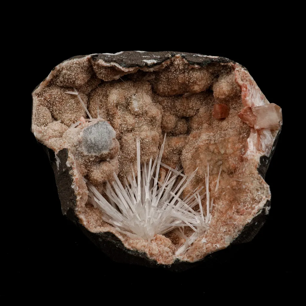 Scolecite Sprays Fan Inside Heulandite Geode Natural Mineral Specimen image