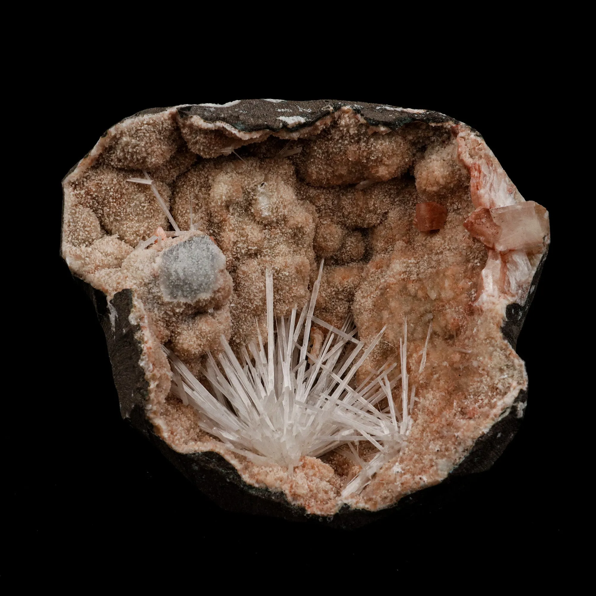 Scolecite Sprays Fan Inside Heulandite Geode Natural Mineral Specimen - image 1