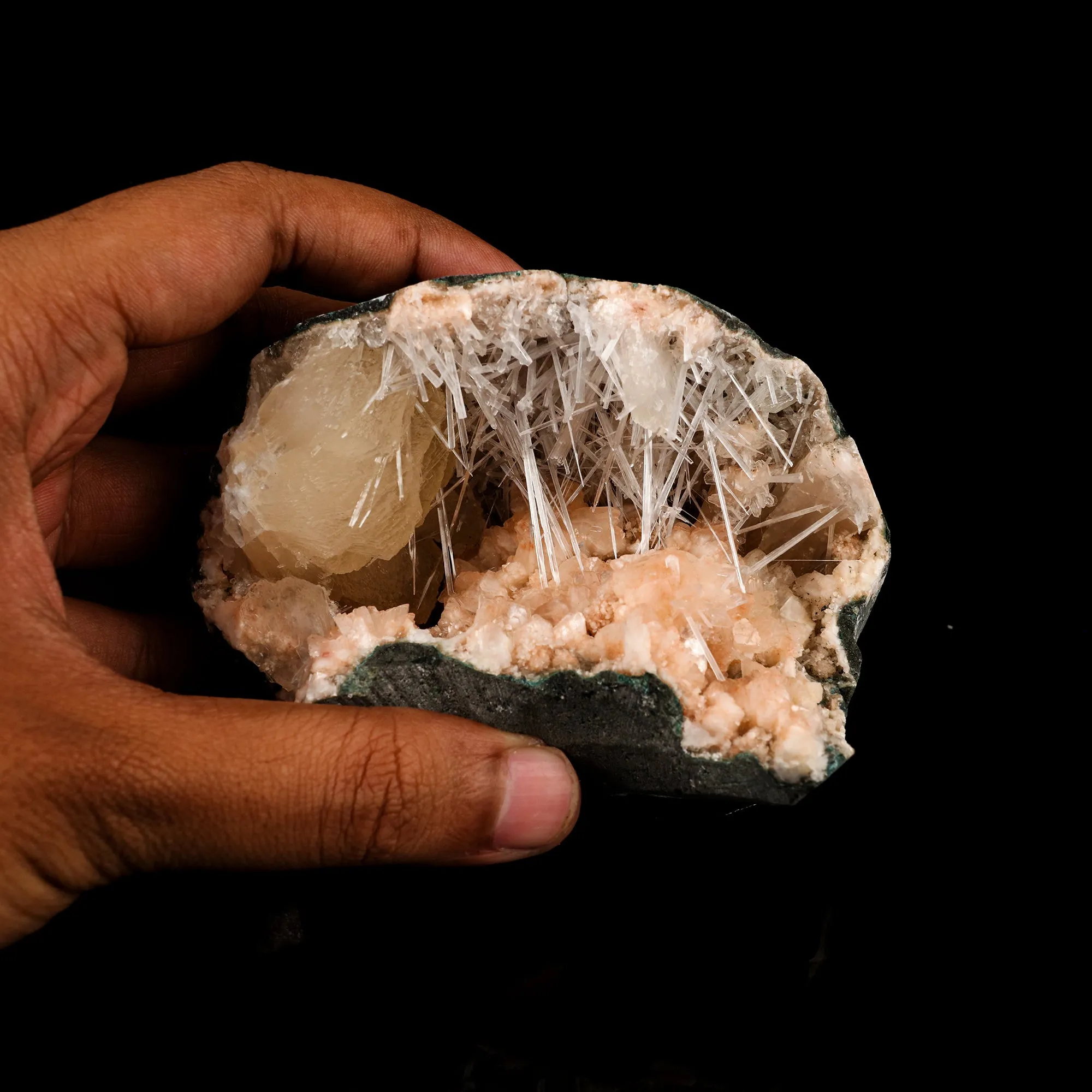 Scolecite Sprays in Stilbite Geode Natural Mineral Specimen - image 4