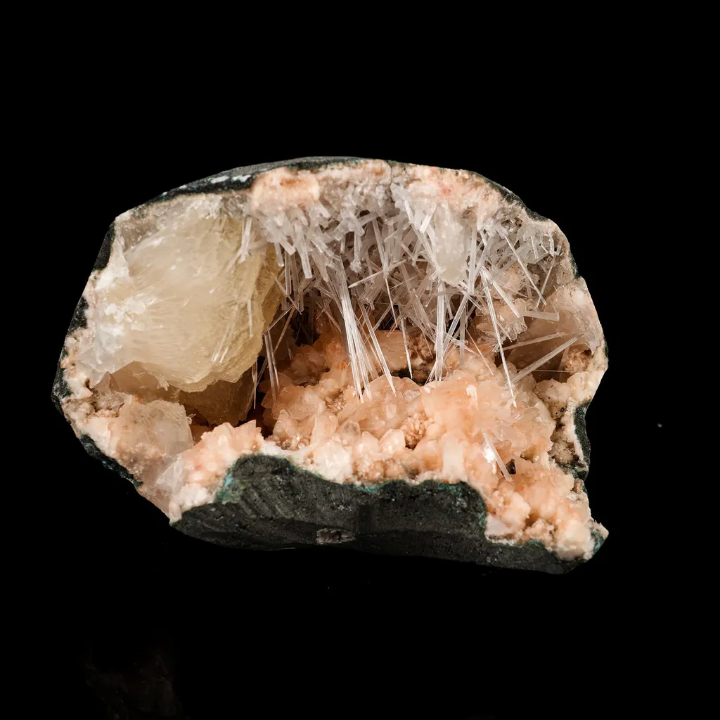 Scolecite Sprays in Stilbite Geode Natural Mineral Specimen image