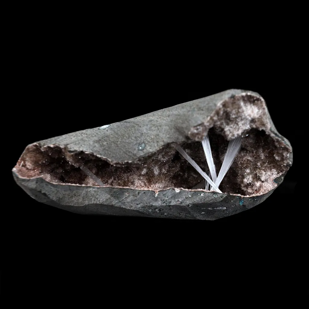 Scolecite Sprays Inside Geode Natural Mineral Specimen image