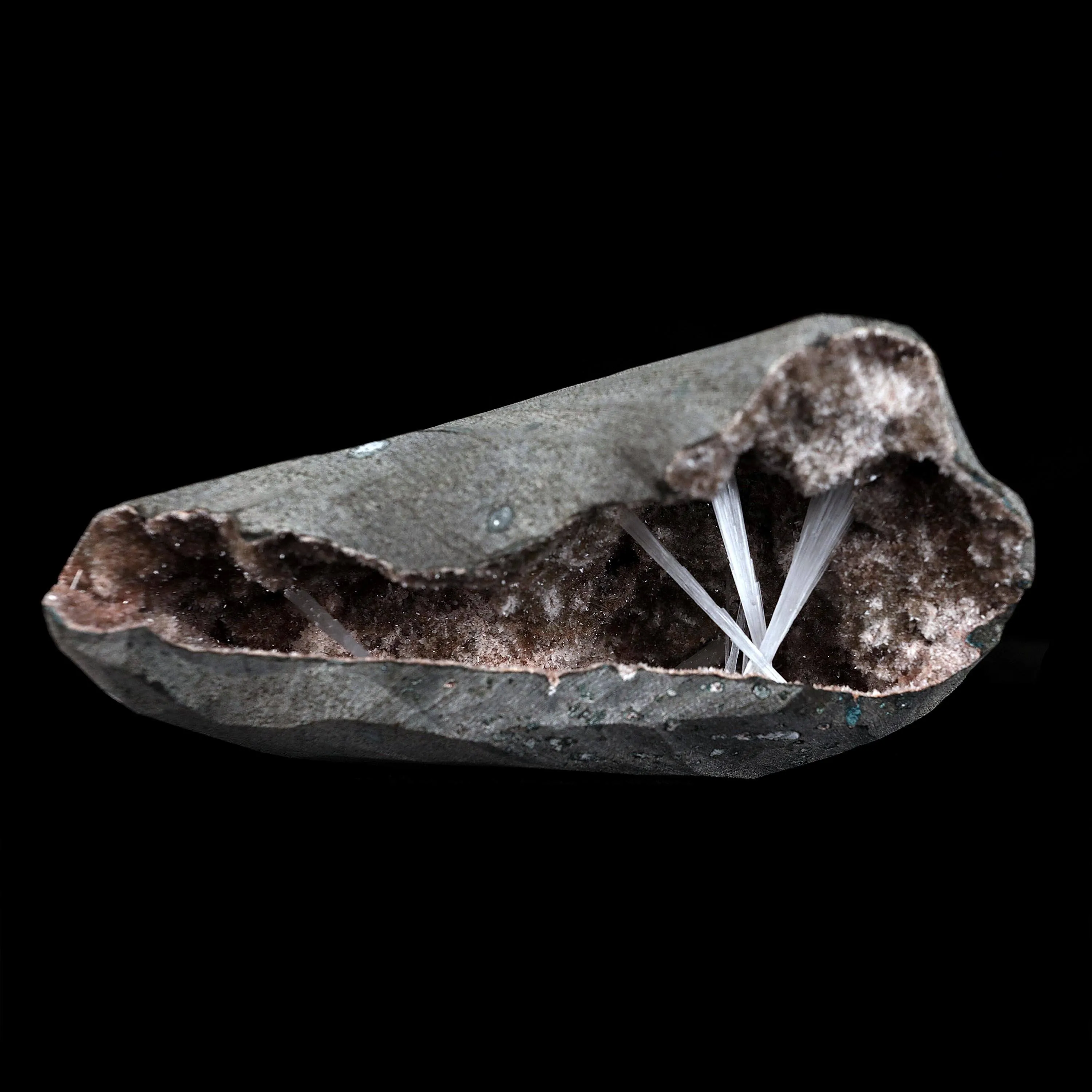 Scolecite Sprays Inside Geode Natural Mineral Specimen - image 1