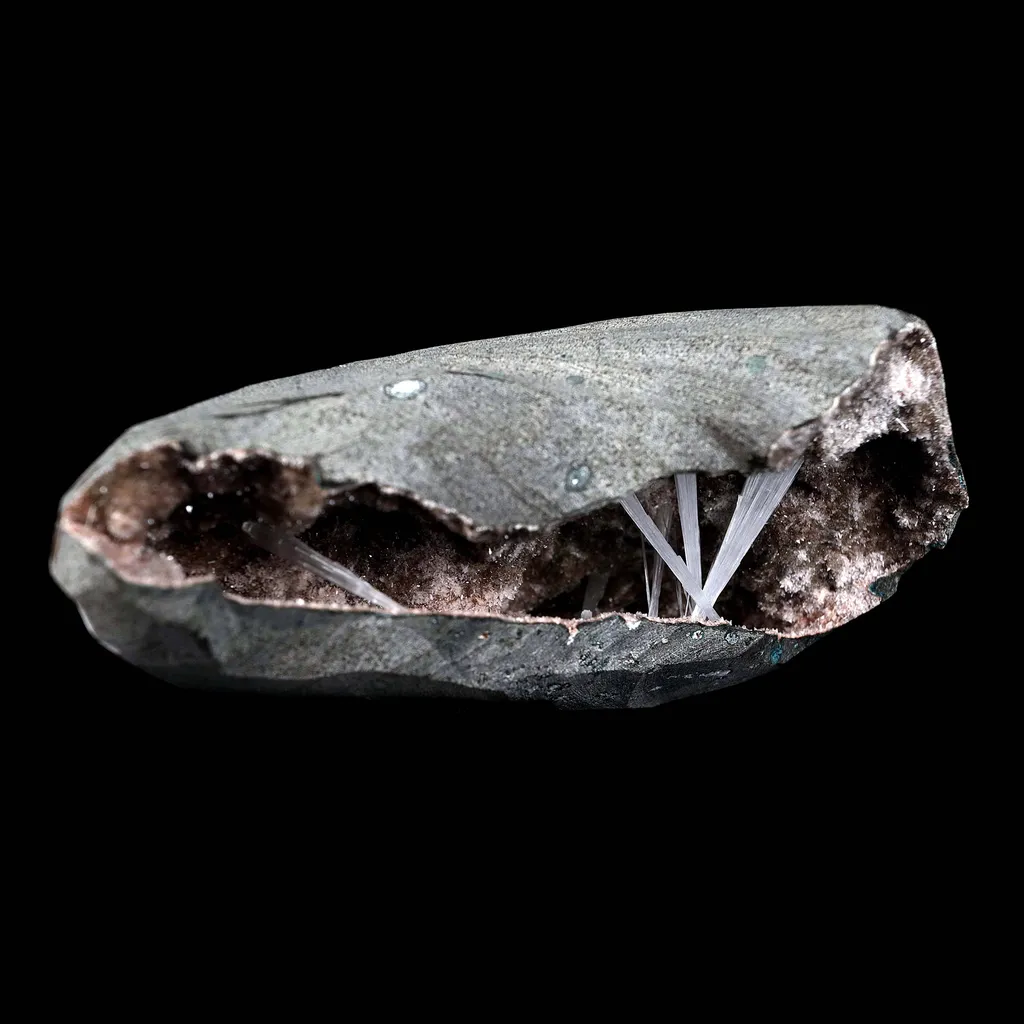 Scolecite Sprays Inside Geode Natural Mineral Specimen - image 5