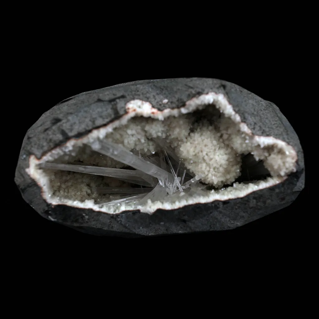 Scolecite Sprays Inside Geode Natural Mineral Specimen image
