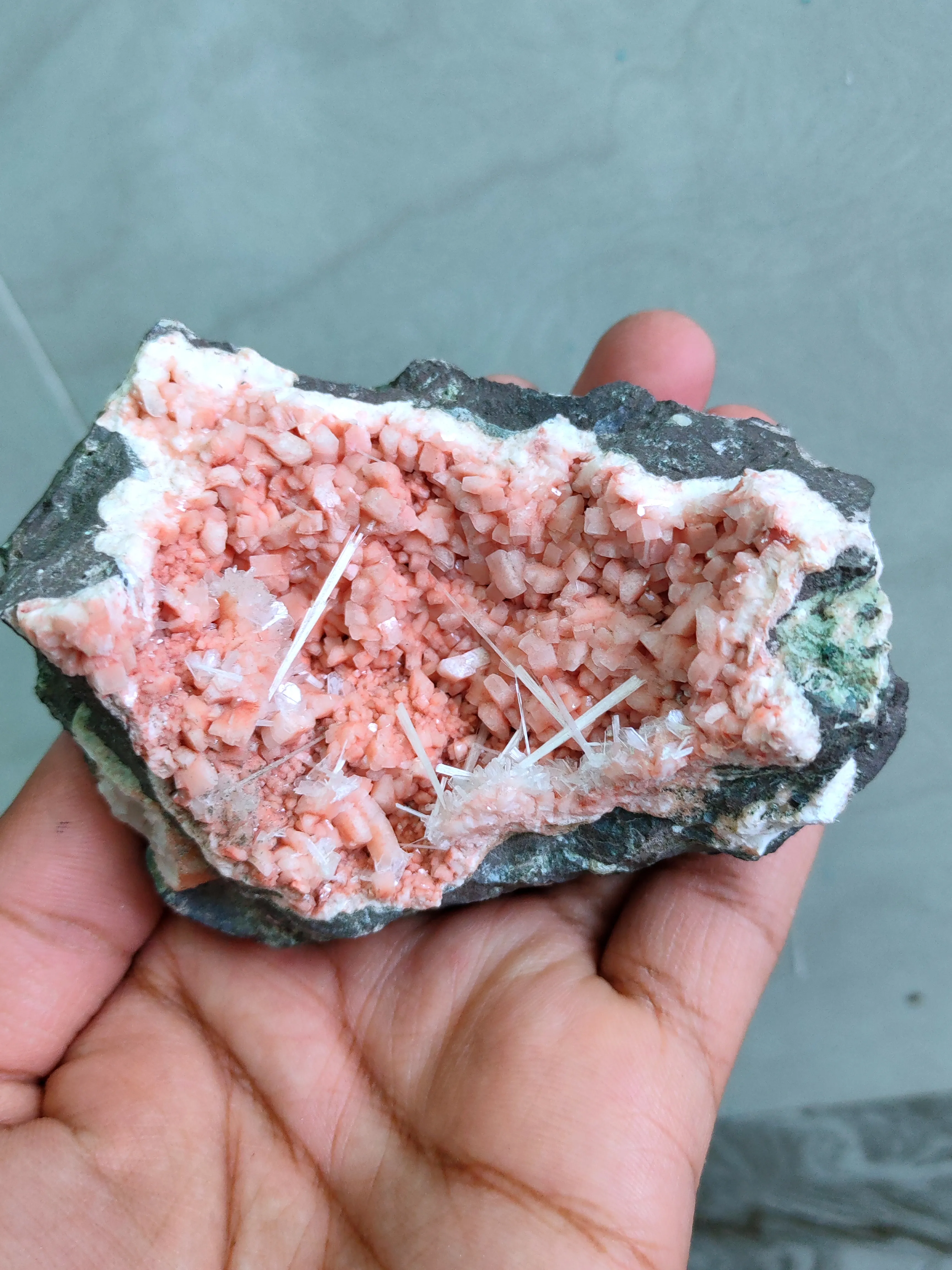 Scolecite Sprays Inside Heulandite Geode - image 8