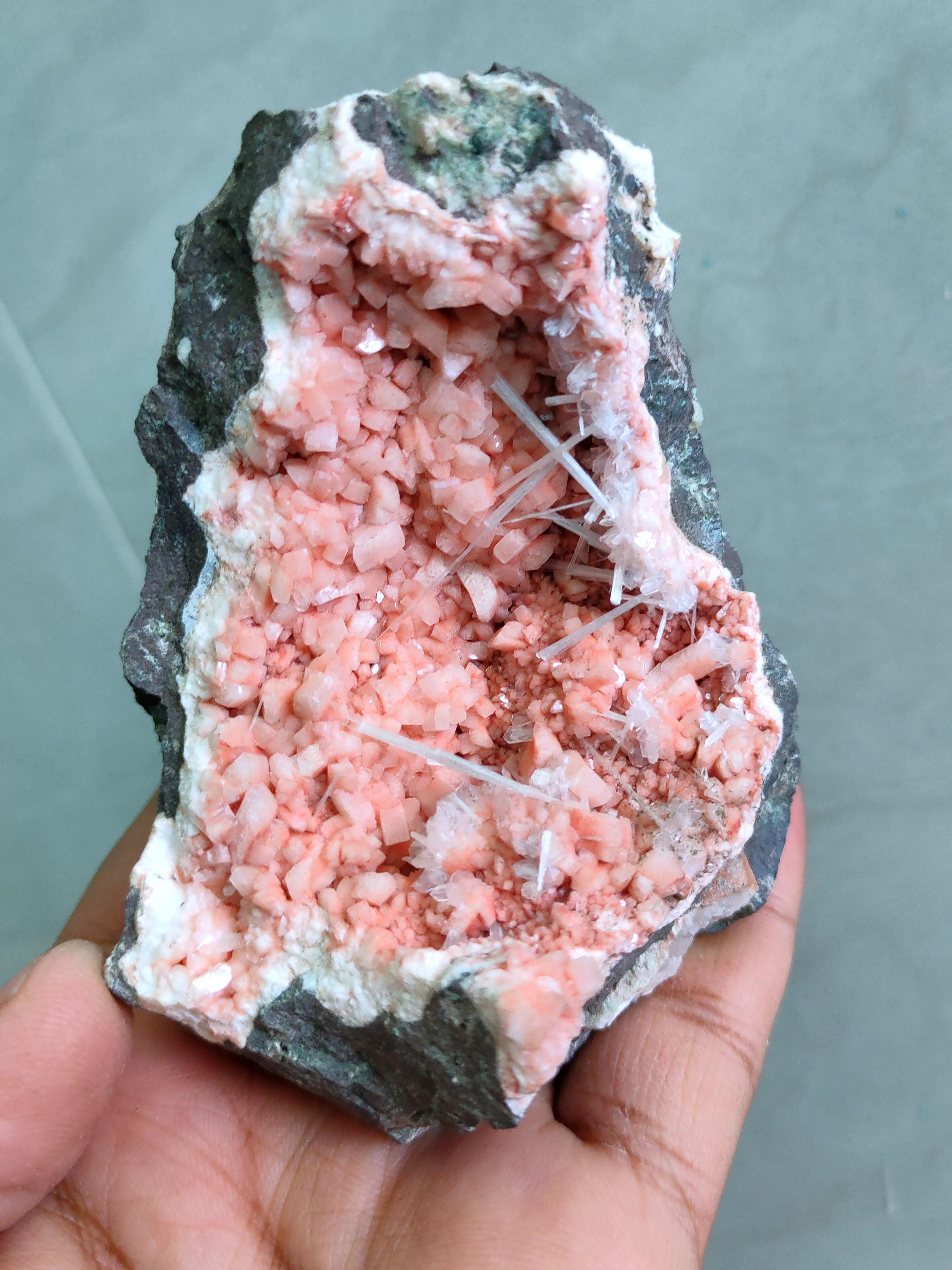 Scolecite Sprays Inside Heulandite Geode - image 4