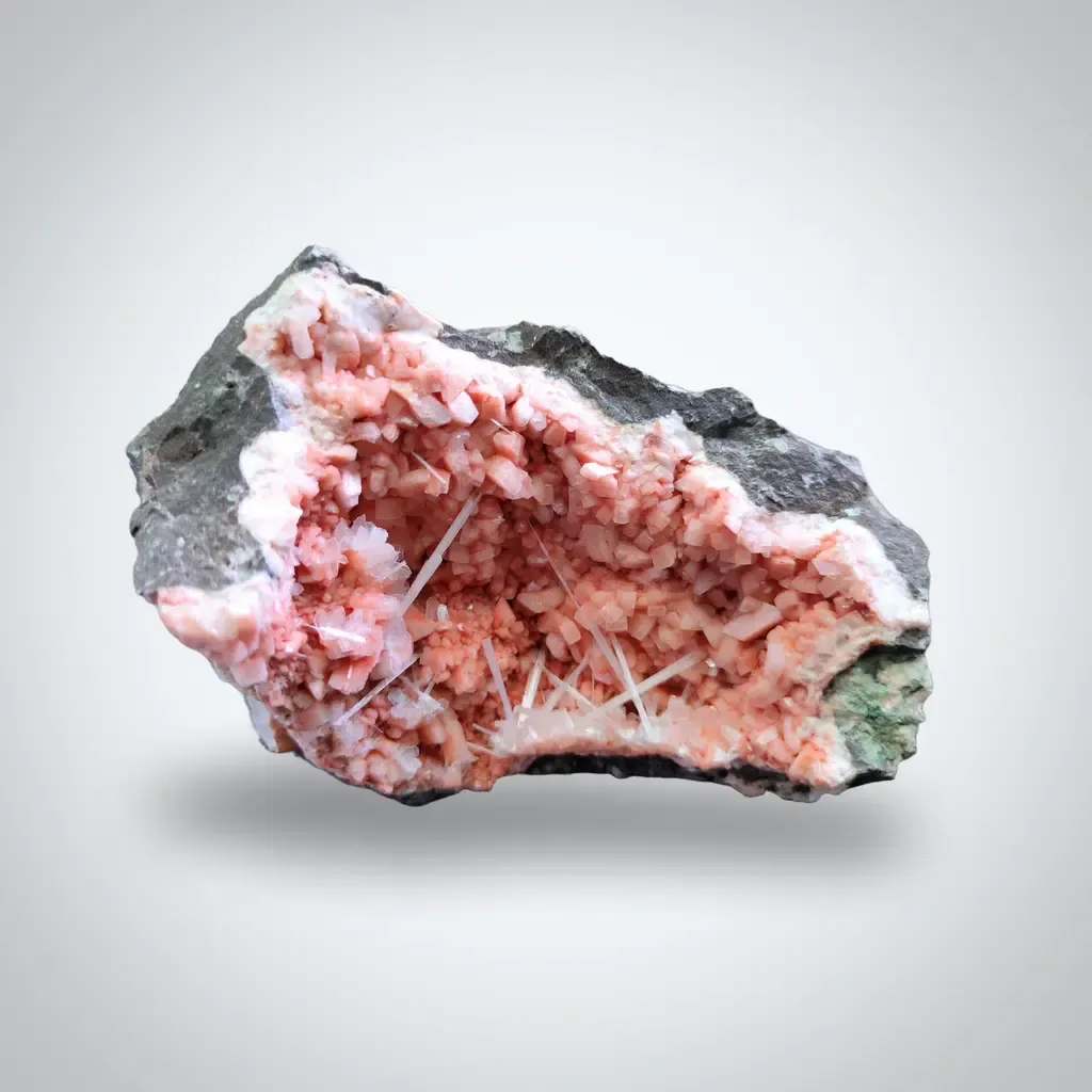 Scolecite Sprays Inside Heulandite Geode