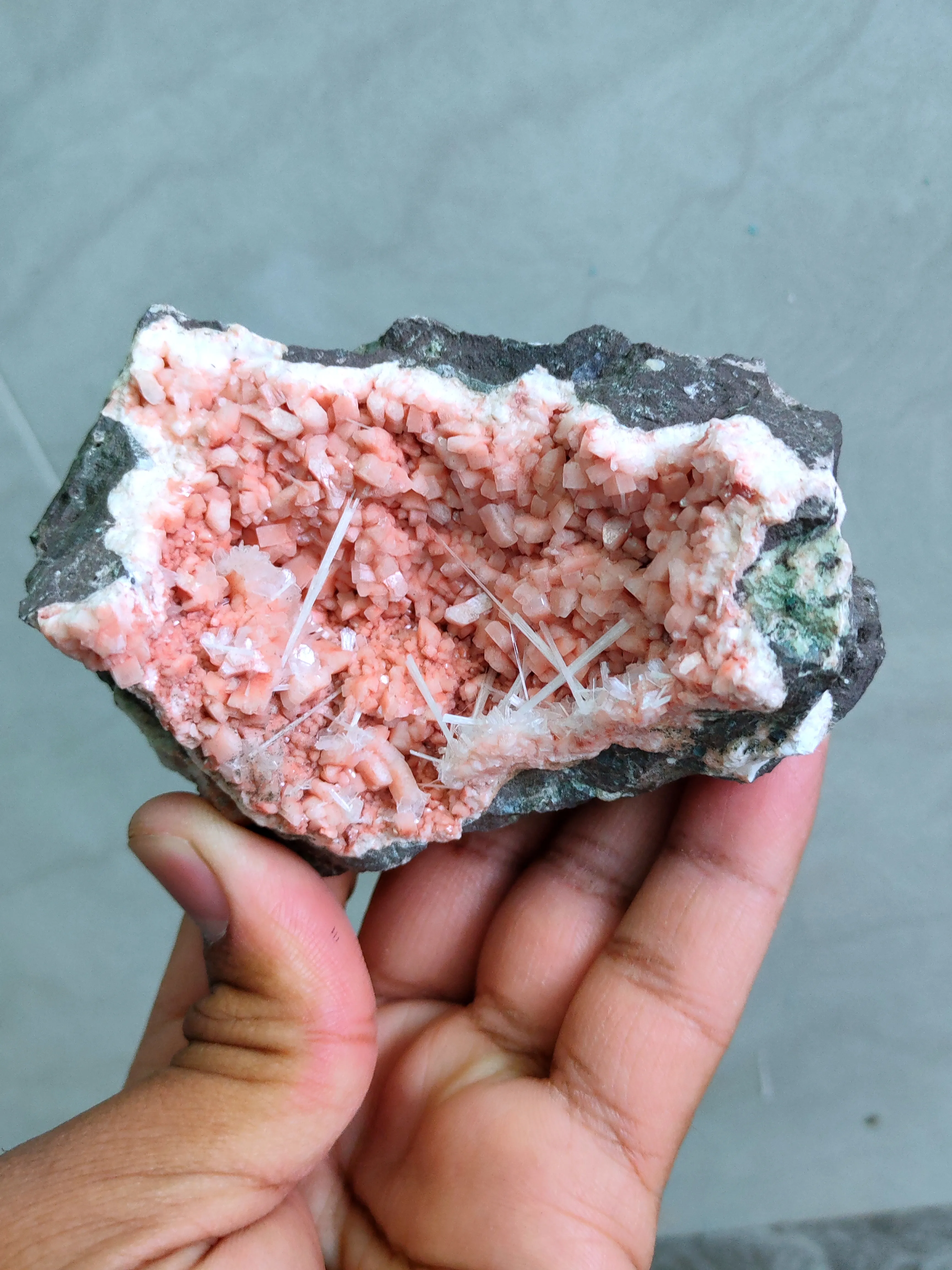 Scolecite Sprays Inside Heulandite Geode - image 2