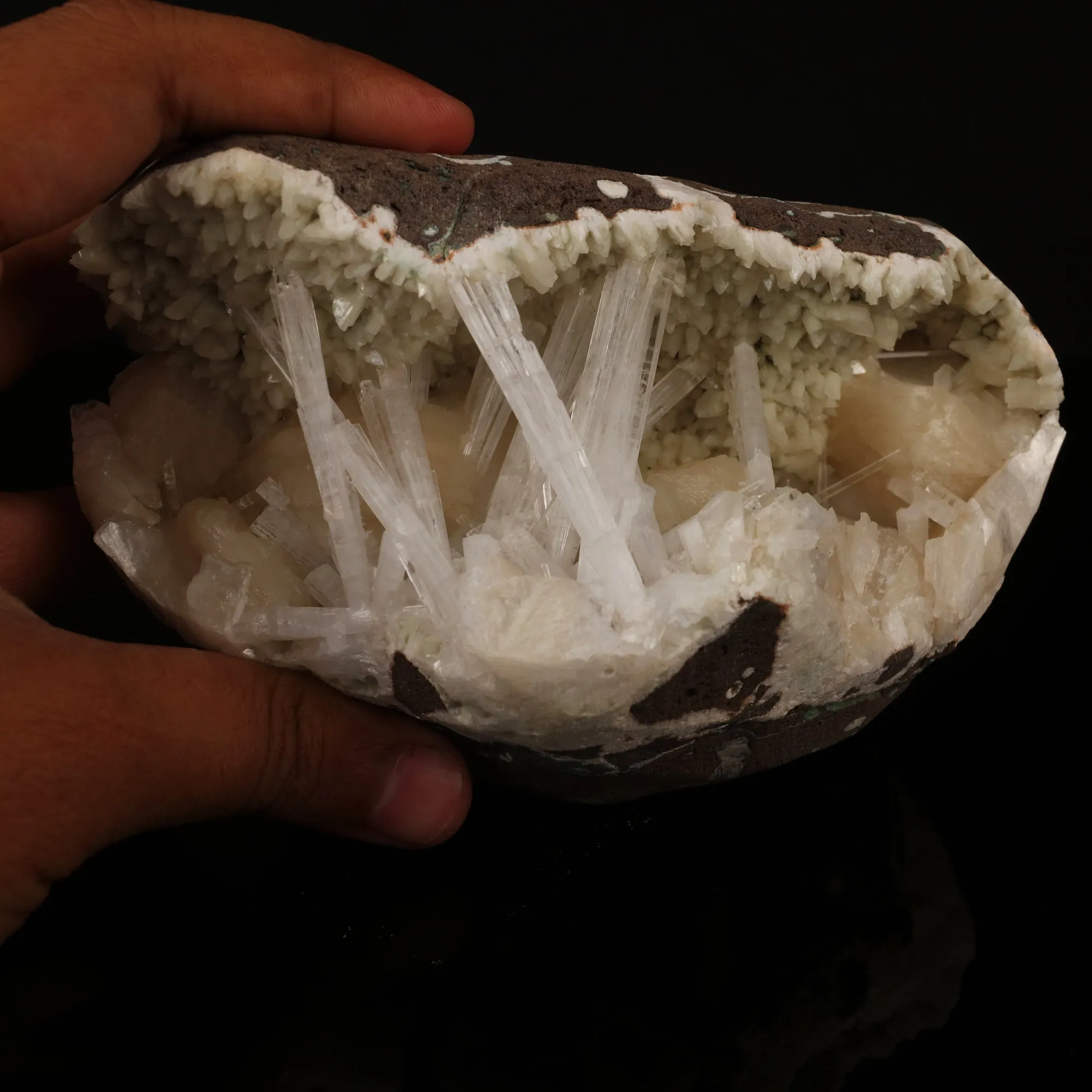Scolecite Sprays Inside Heulandite Geode Natural Mineral Specimen - image 4