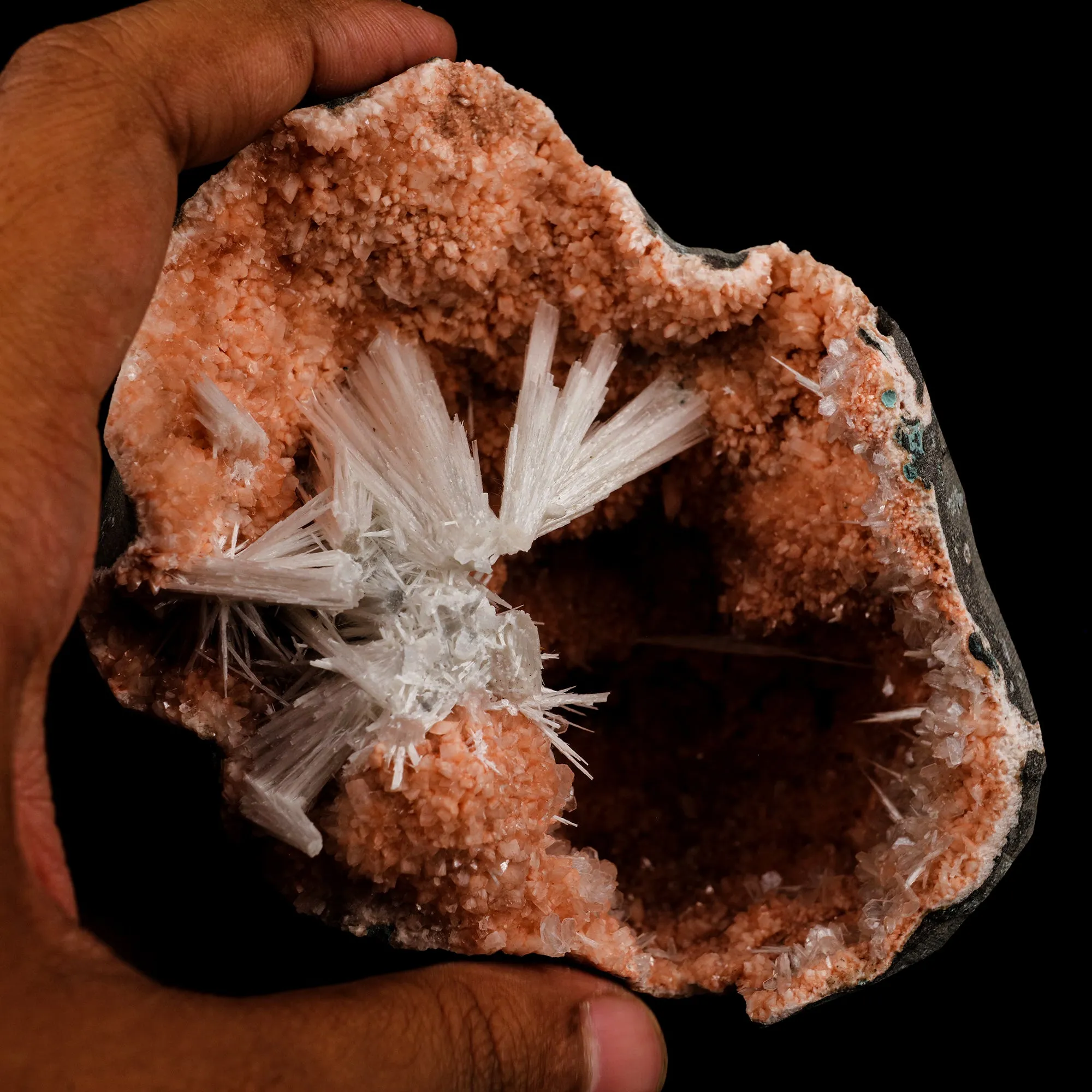 Scolecite Sprays Inside Heulandite Geode Natural Mineral Specimen - image 4