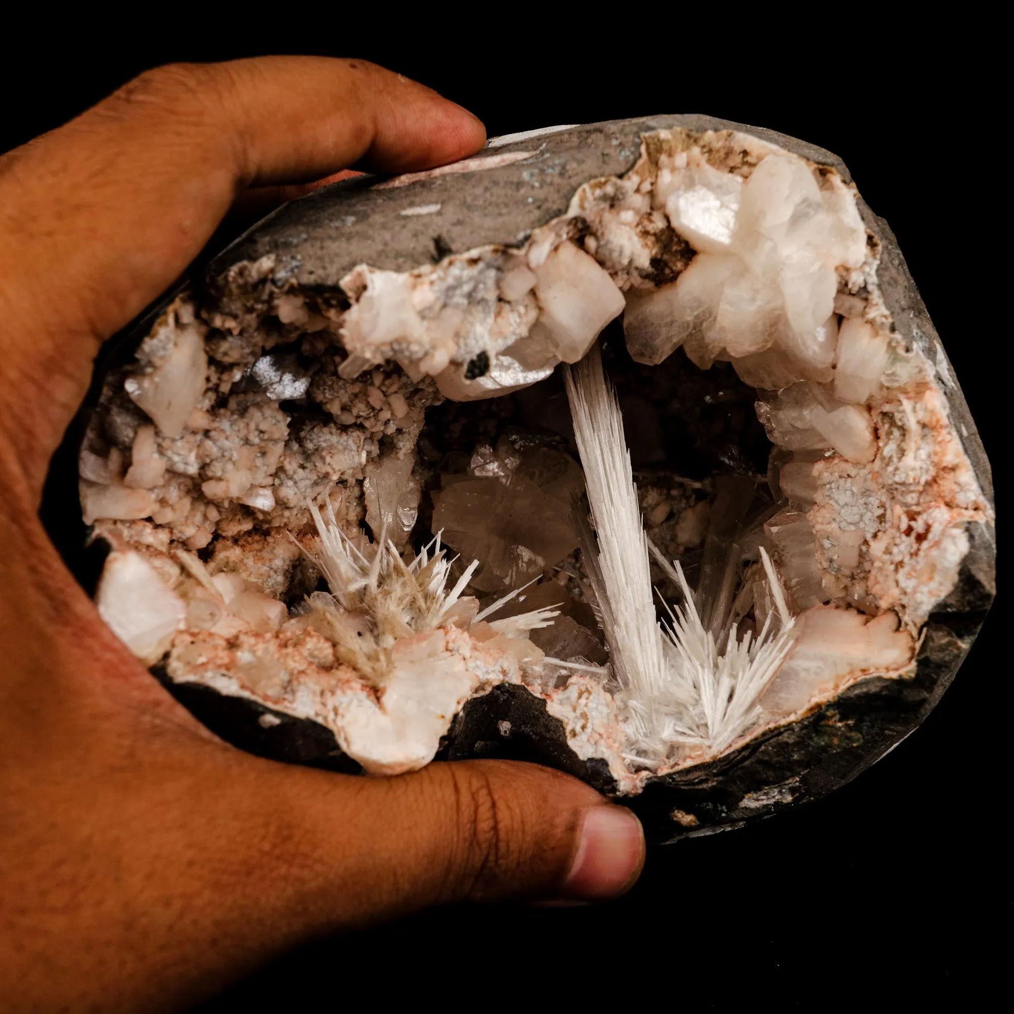Scolecite Sprays Inside Heulandite Geode Natural Mineral Specimen - image 4