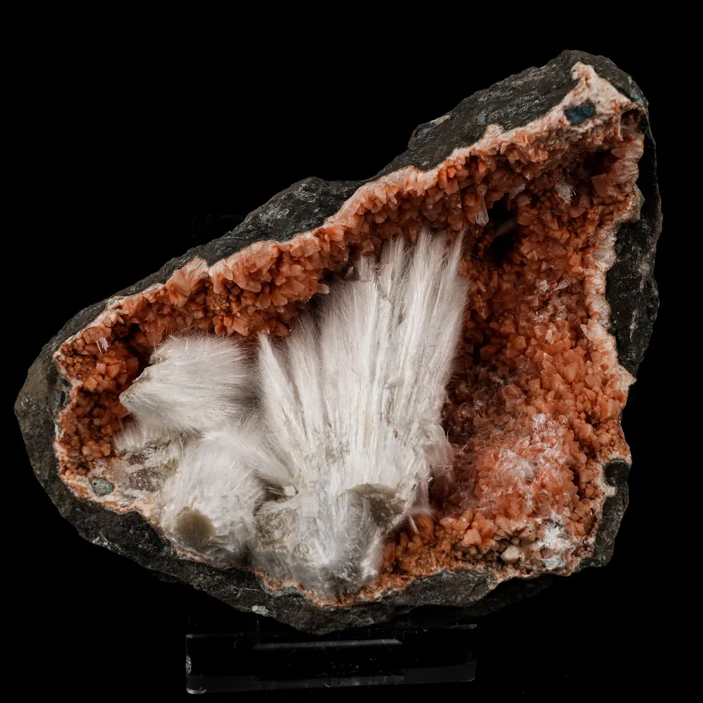 Scolecite Sprays Inside Heulandite Geode Natural Mineral Specimen image