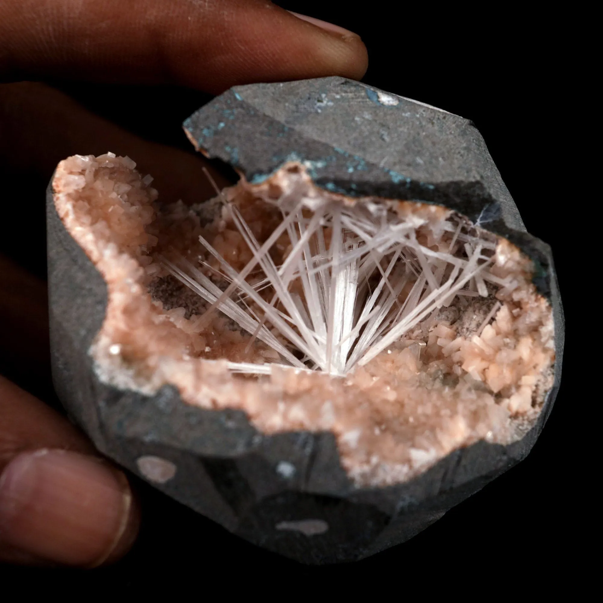 Scolecite Sprays Inside Heulandite Geode Natural Mineral Specimen - image 4