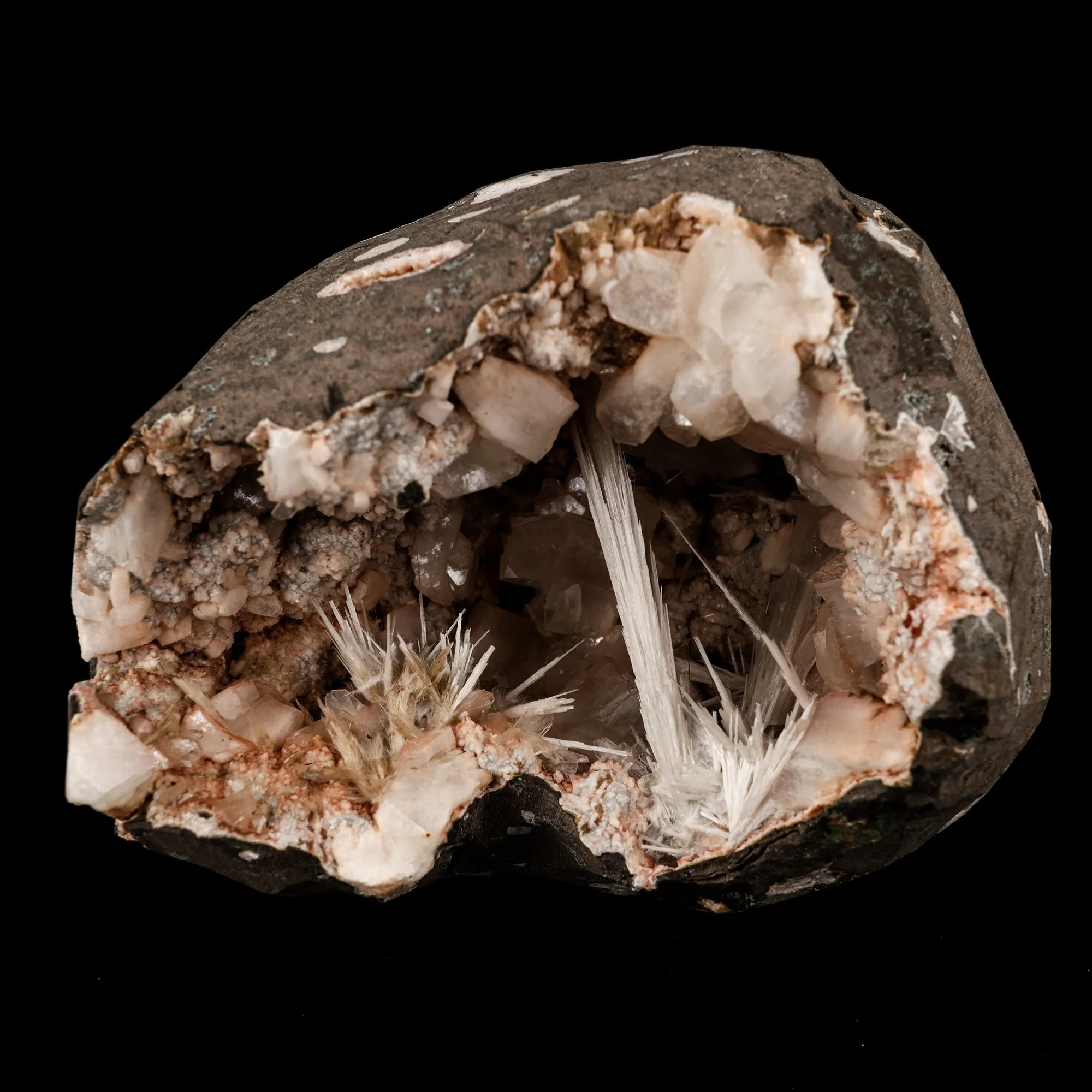 Scolecite Sprays Inside Heulandite Geode Natural Mineral Specimen - image 1