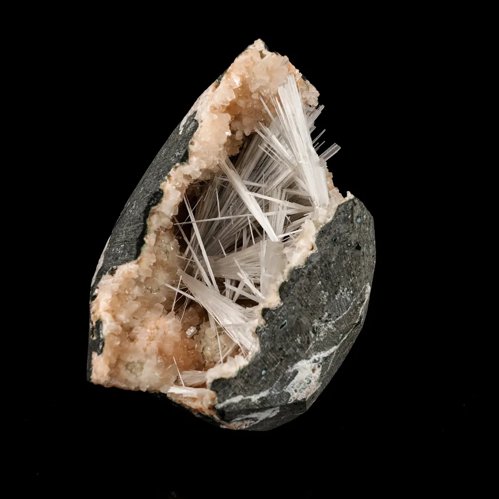 Scolecite Sprays Inside Heulandite Geode Natural Mineral Specimen image