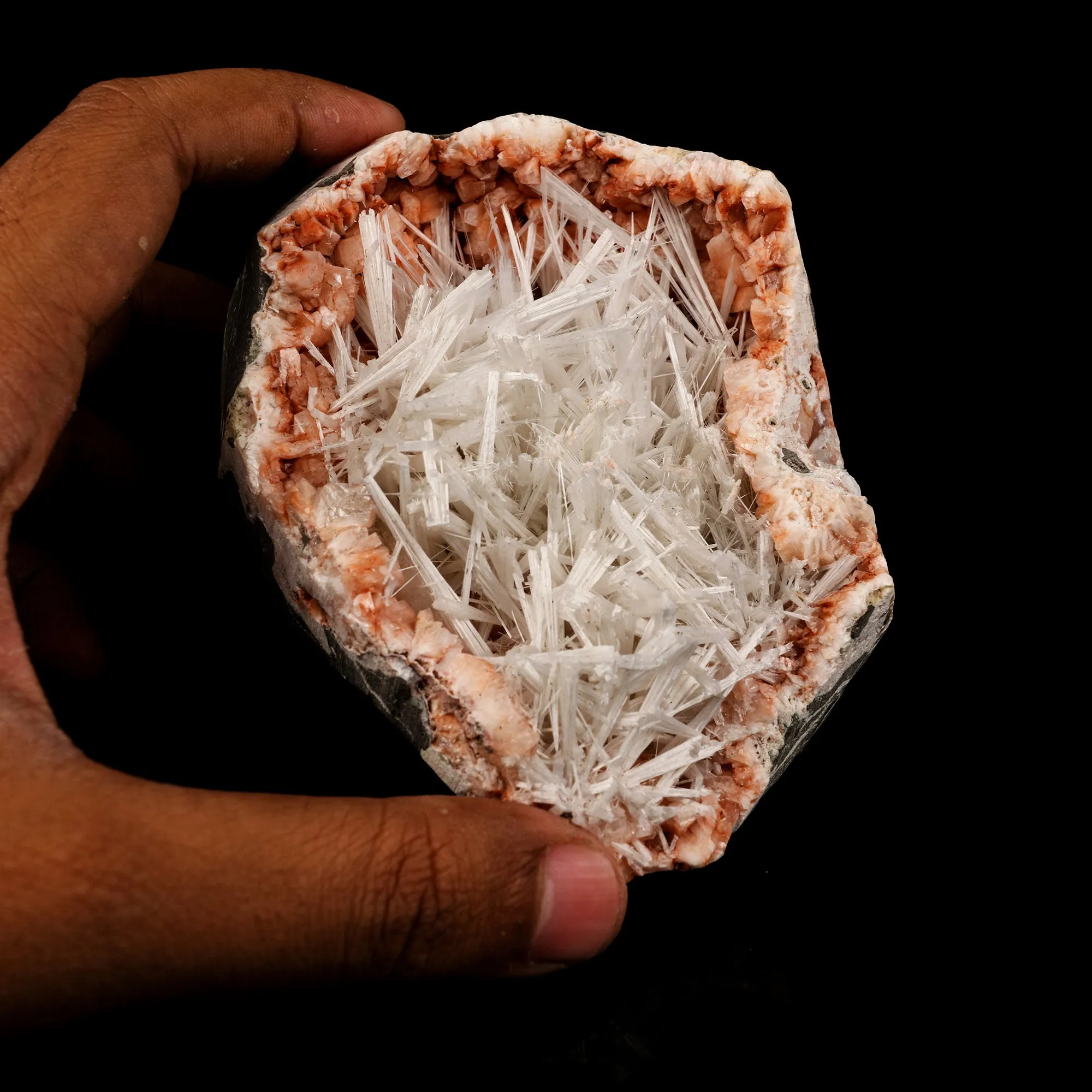 Scolecite Sprays Inside Heulandite Geode Natural Mineral Specimen - image 4