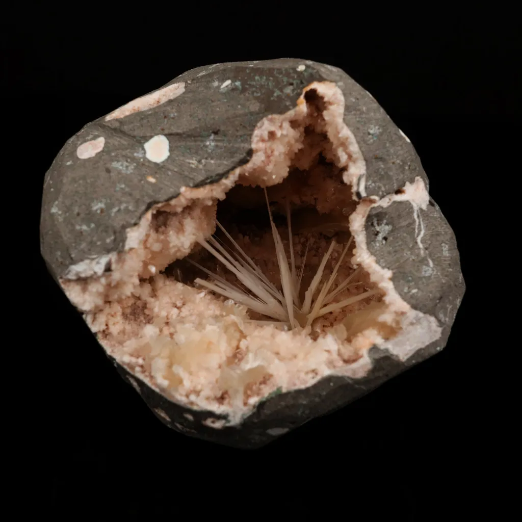 Scolecite Sprays Inside Heulandite Geode Natural Mineral Specimen image
