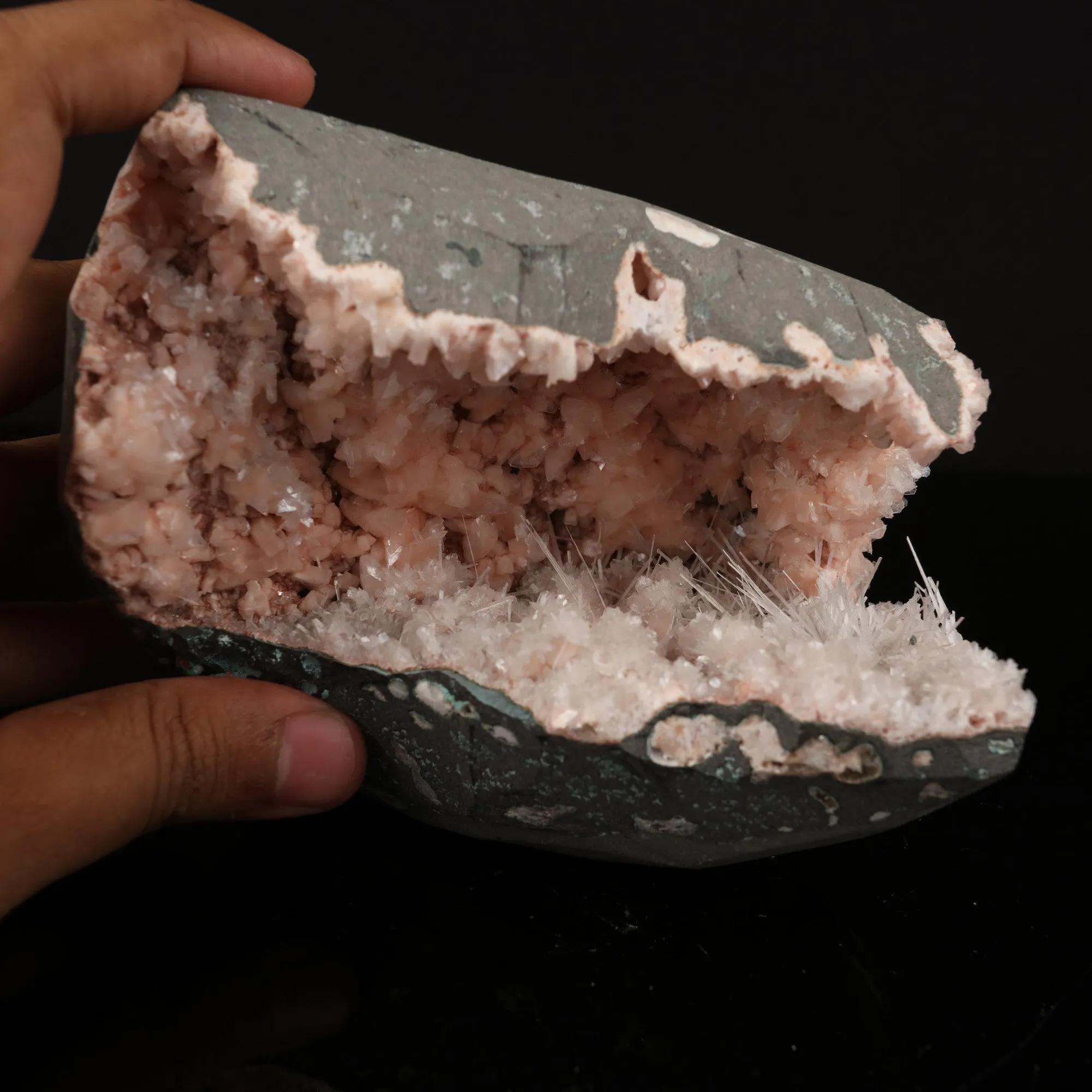 Scolecite Sprays Inside Heulandite Geode Natural Mineral Specimen - image 4