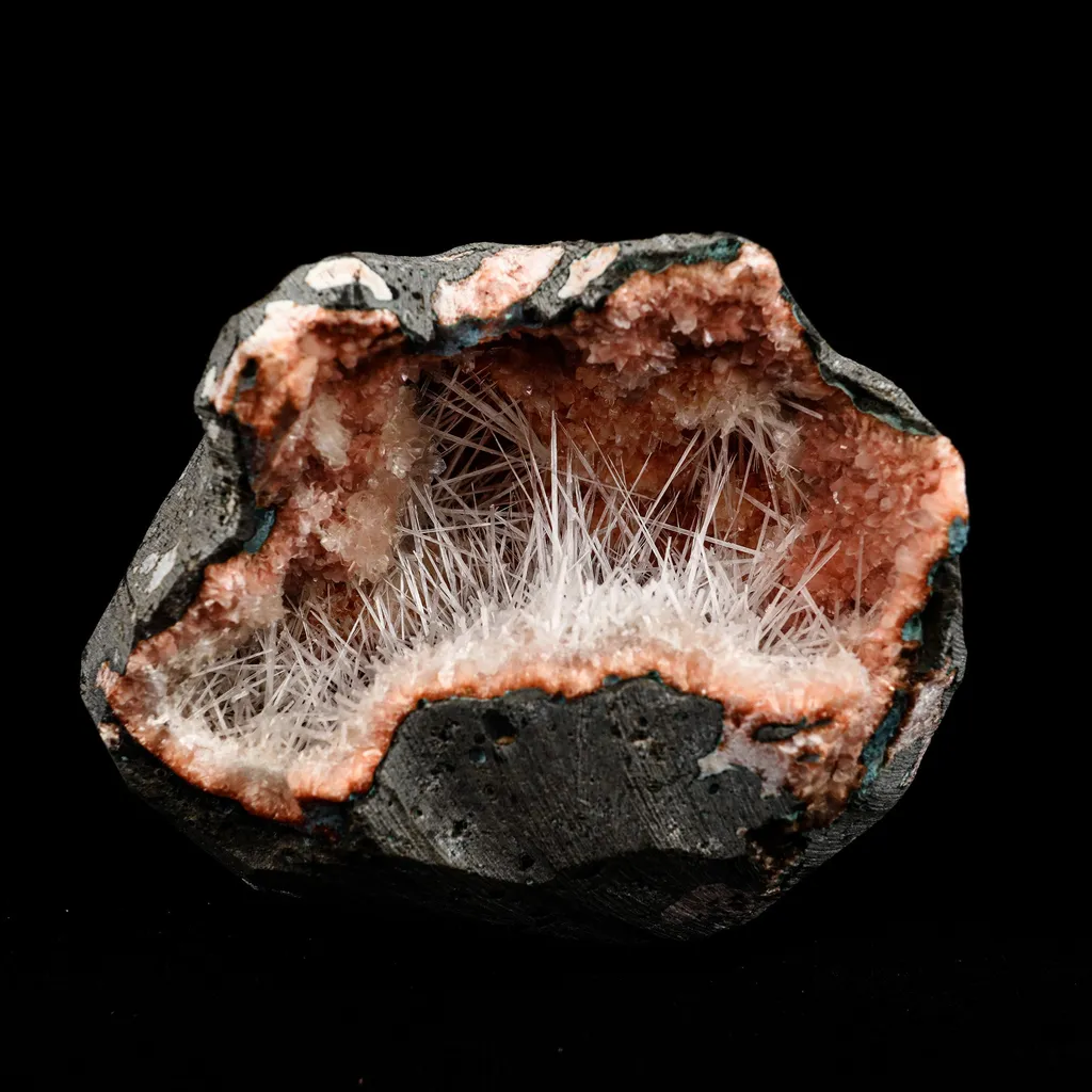 Scolecite Sprays Inside Heulandite Geode Natural Mineral Specimen image