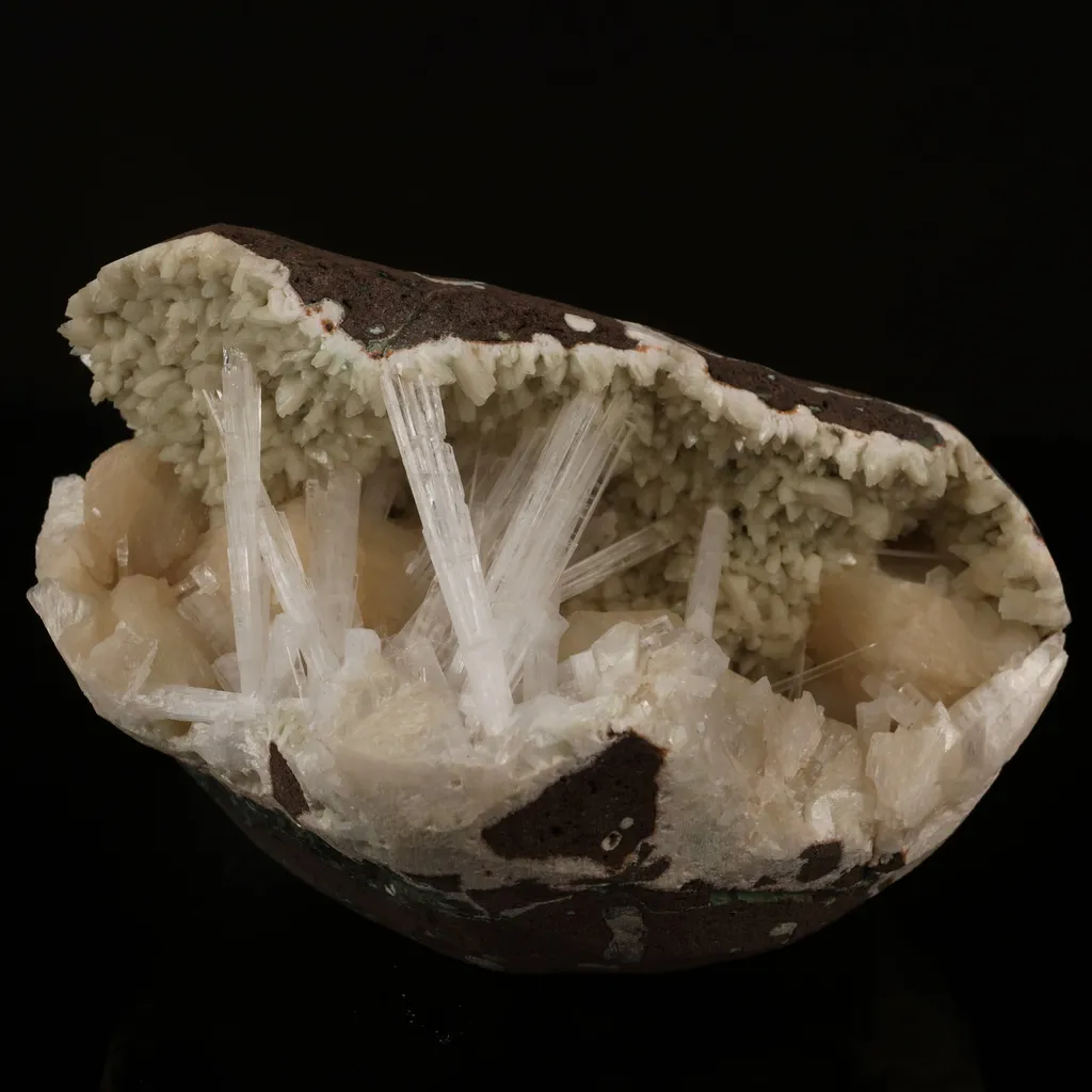 Scolecite Sprays Inside Heulandite Geode Natural Mineral Specimen image