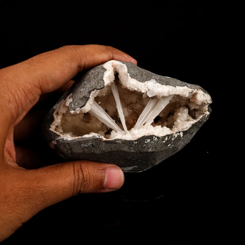 Scolecite Sprays Inside Heulandite Geode Natural Mineral Specimen - image 5