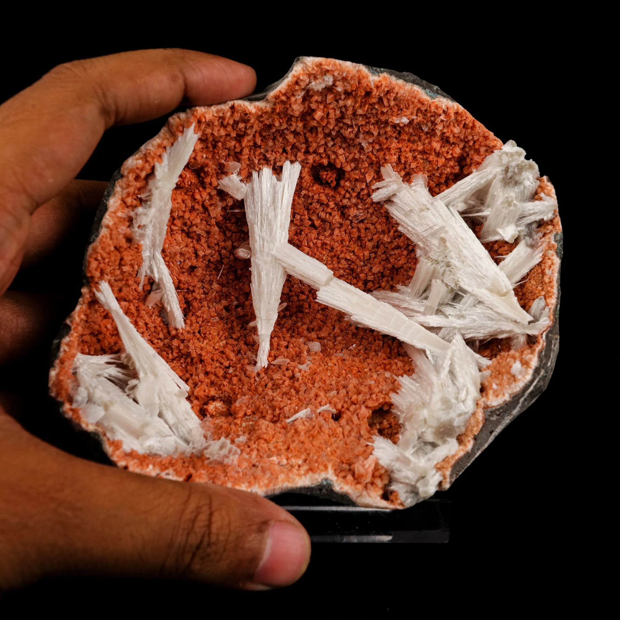 Scolecite Sprays Inside Heulandite Geode Natural Mineral Specimen - image 4