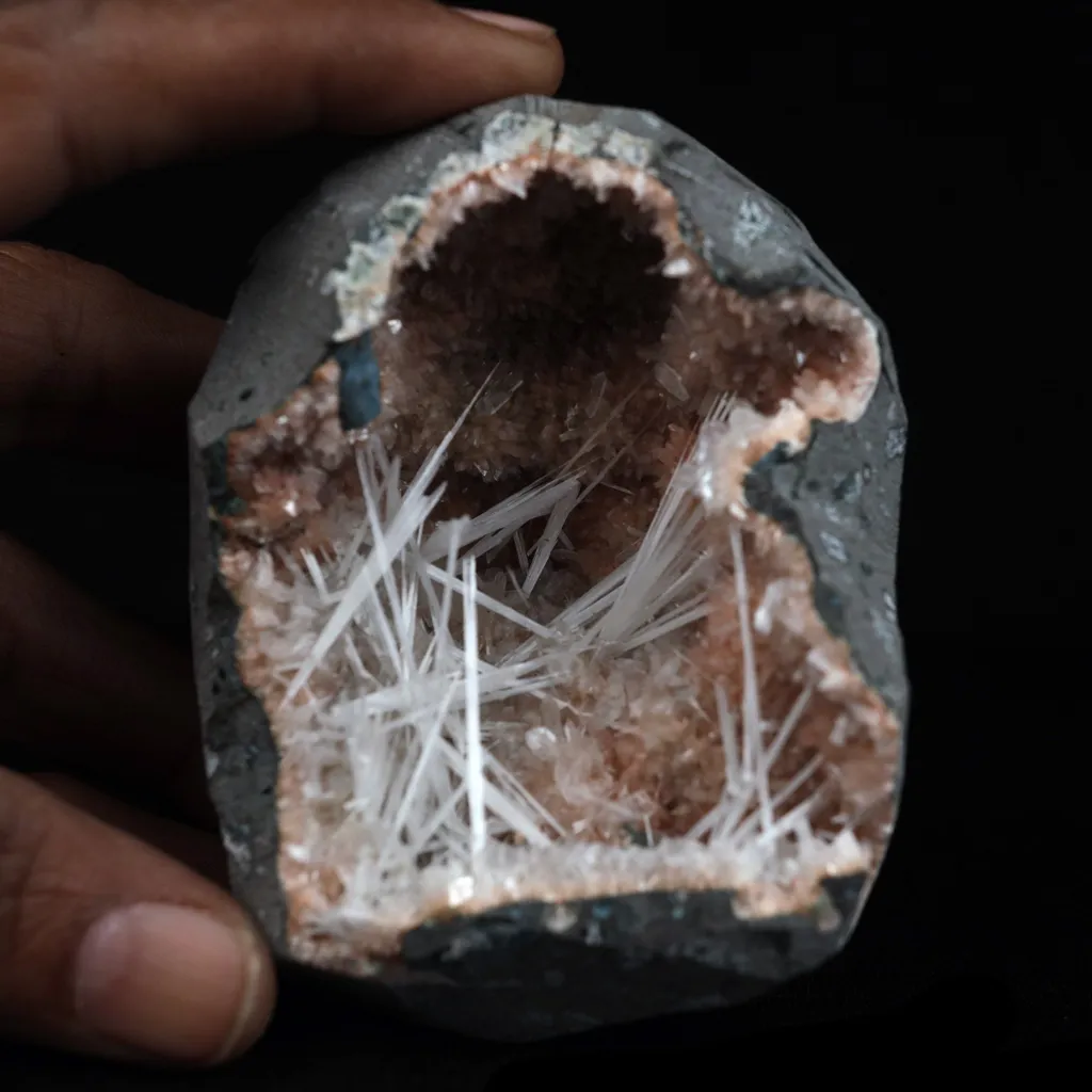 Scolecite Sprays Inside Heulandite Geode Natural Mineral Specimen - image 4