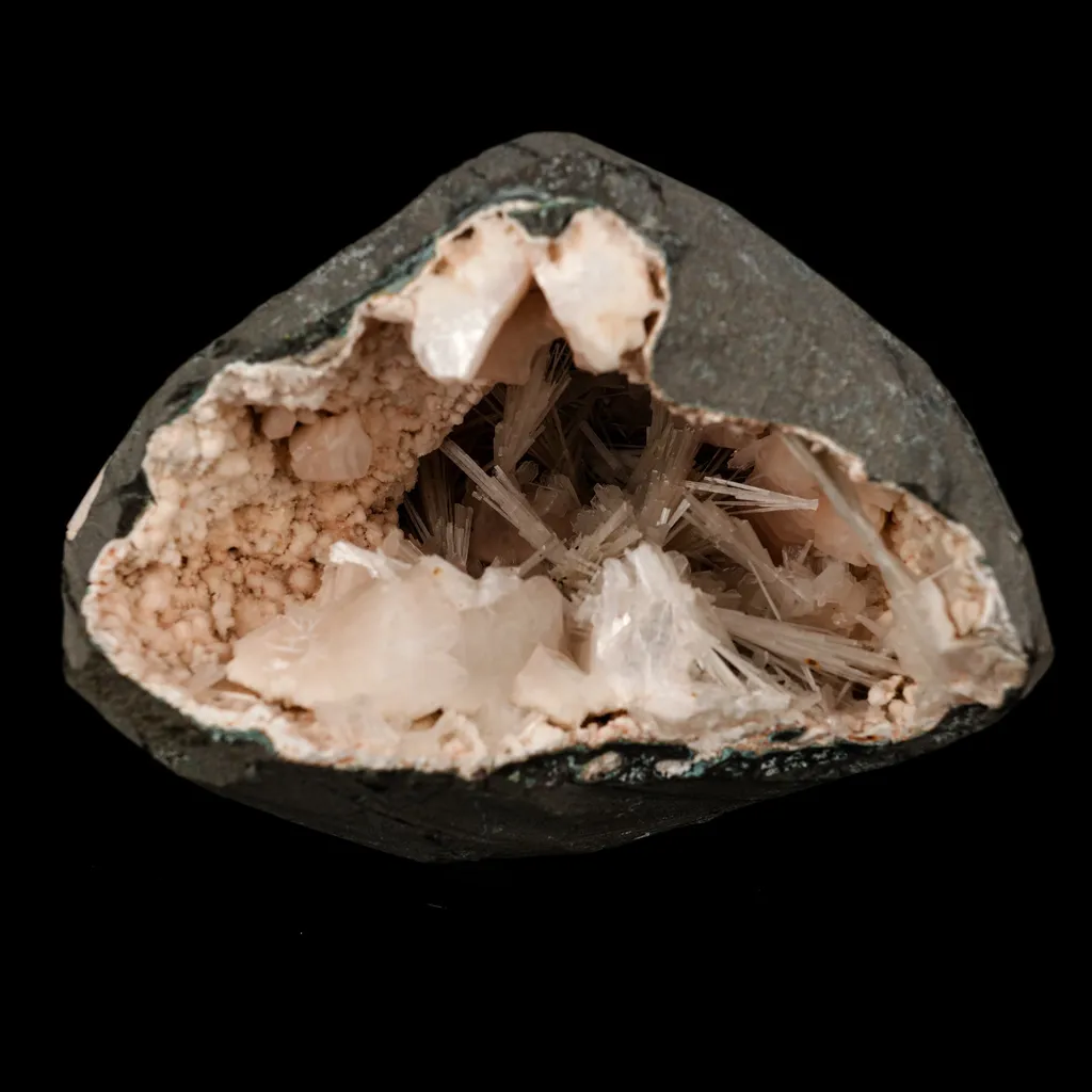 Scolecite Sprays Inside Heulandite Geode Natural Mineral Specimen image