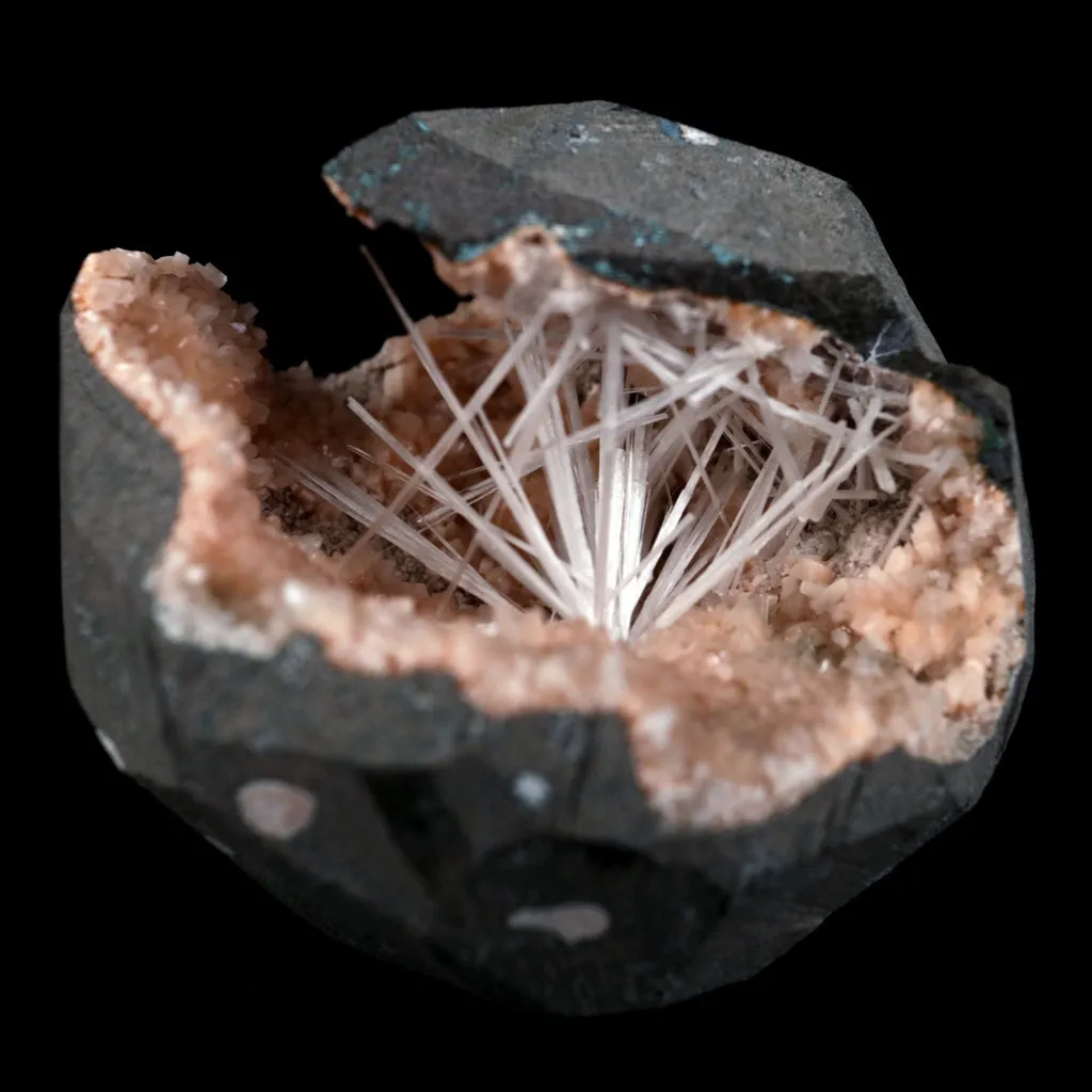 Scolecite Sprays Inside Heulandite Geode Natural Mineral Specimen image