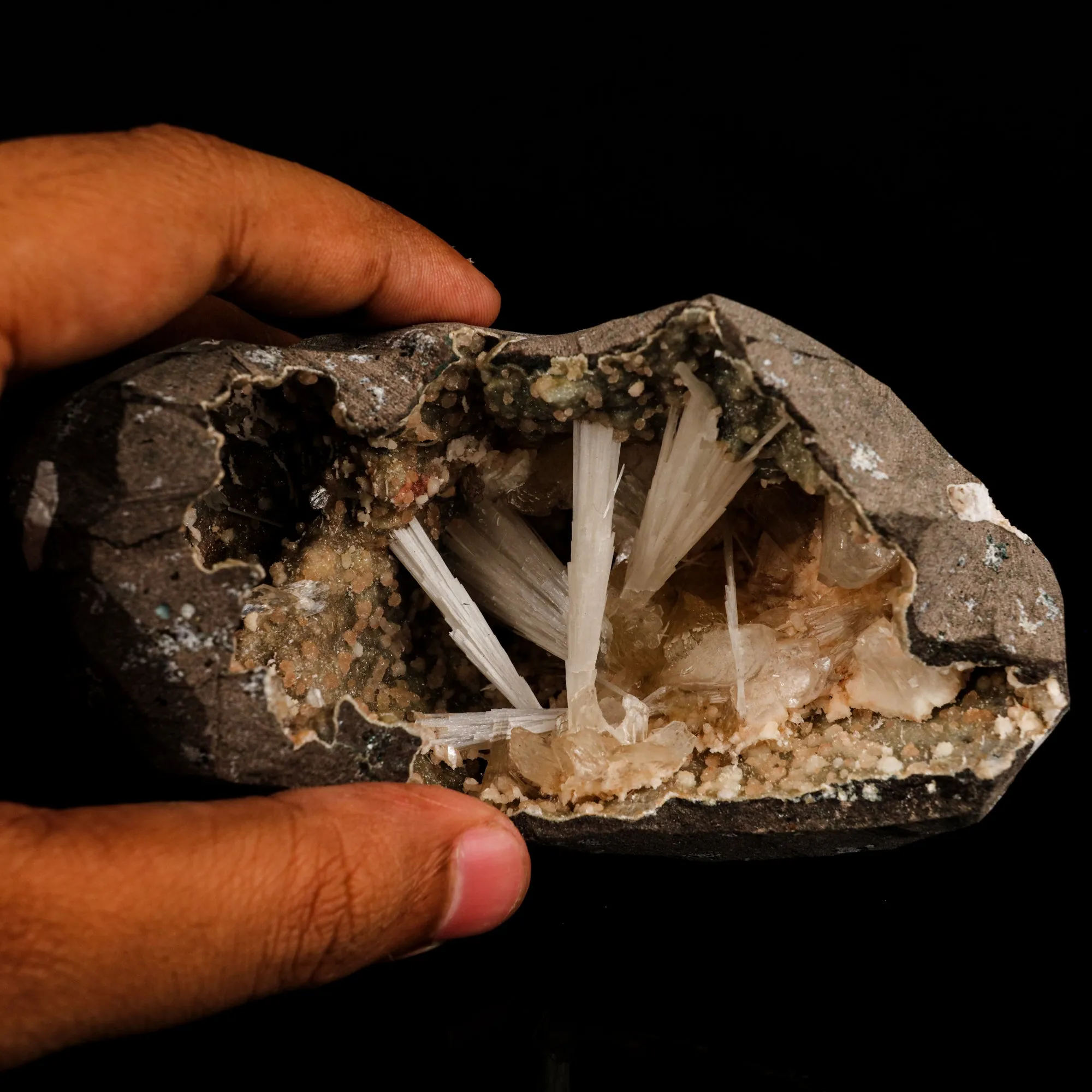 Scolecite Sprays Inside Heulandite Geode Natural Mineral Specimen - image 4