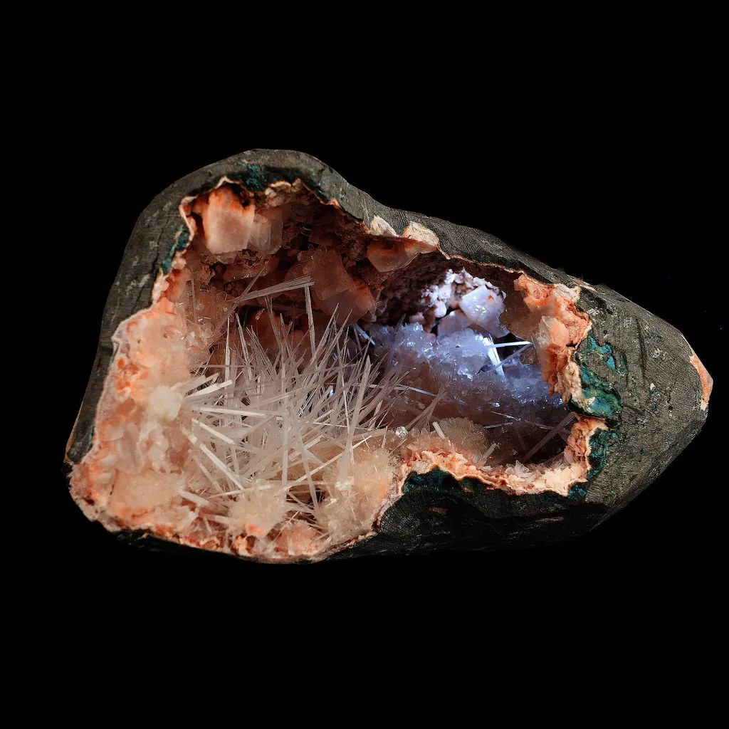 Scolecite Sprays Inside Heulandite Geode Natural Mineral Specimen image