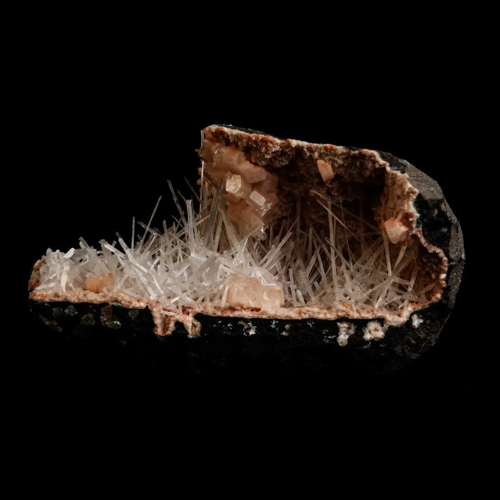 Scolecite Sprays Inside Heulandite Geode Natural Mineral Specimen image