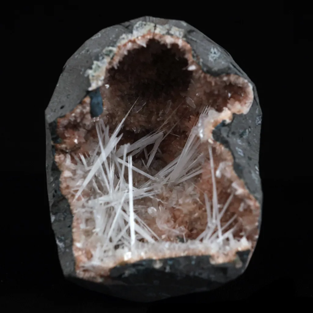 Scolecite Sprays Inside Heulandite Geode Natural Mineral Specimen image