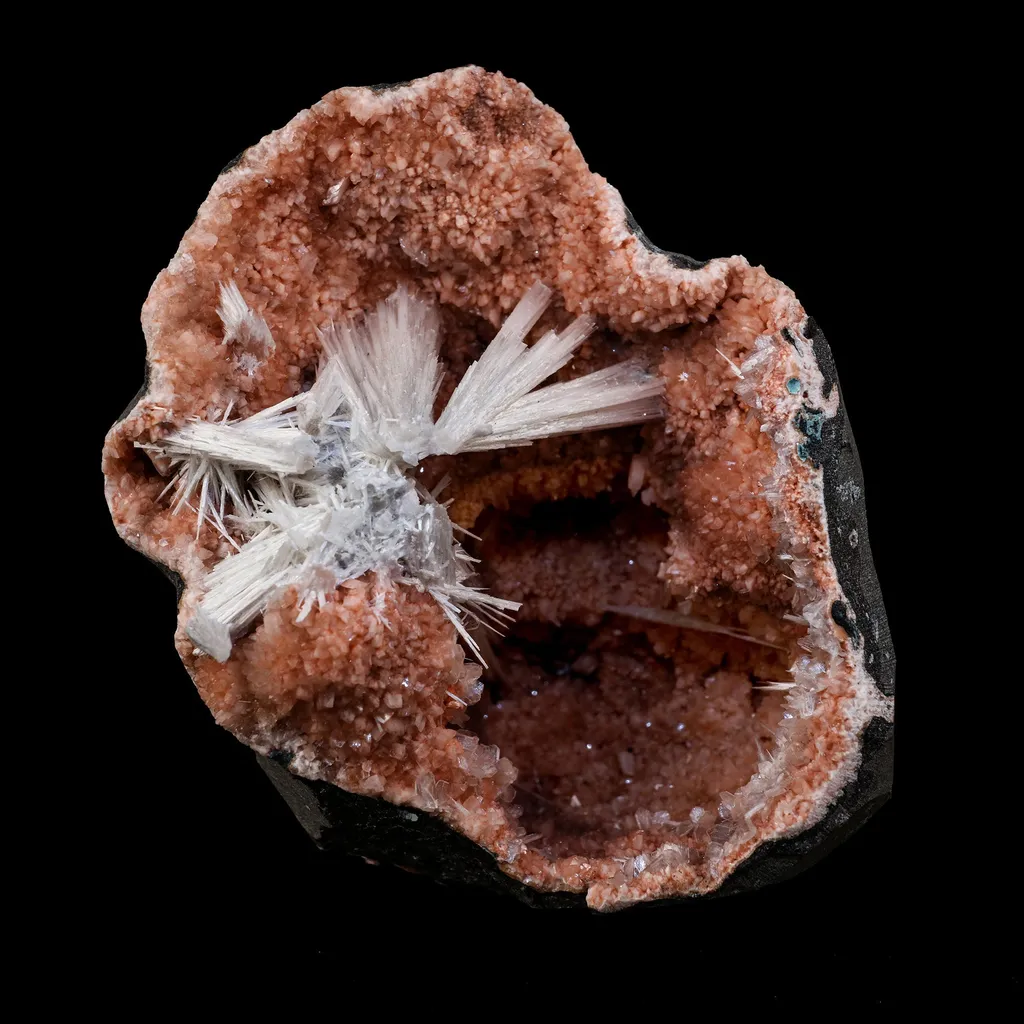 Scolecite Sprays Inside Heulandite Geode Natural Mineral Specimen image