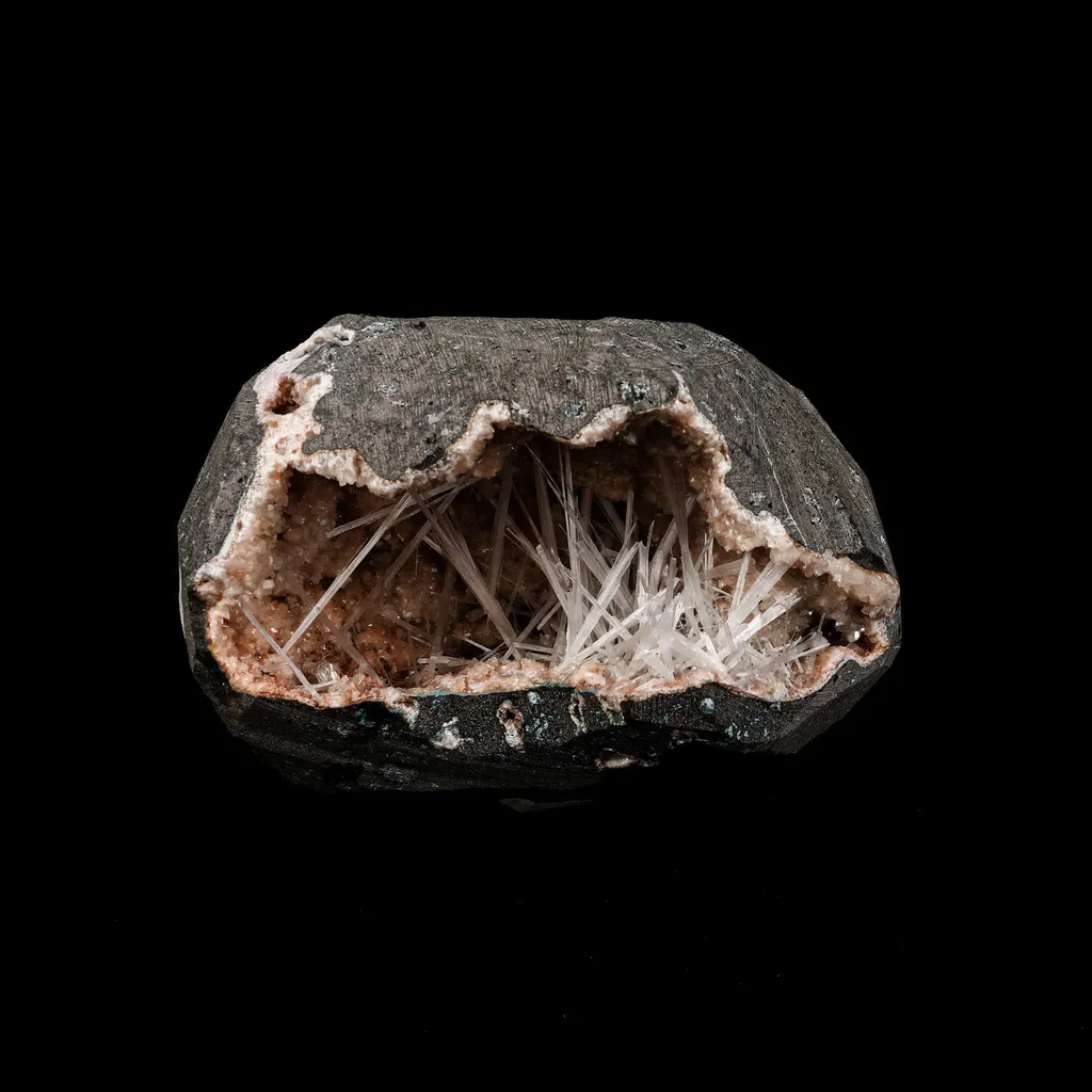Scolecite Sprays Inside Heulandite Geode Natural Mineral Specimen image