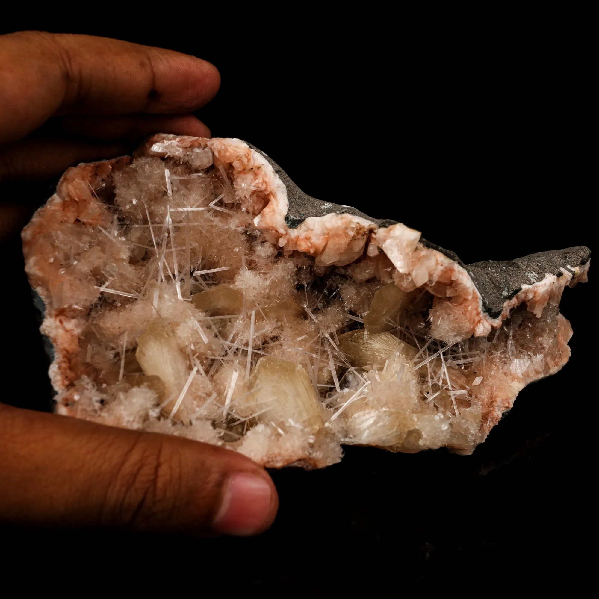 Scolecite Sprays Inside Heulandite Geode Natural Mineral Specimen - image 5