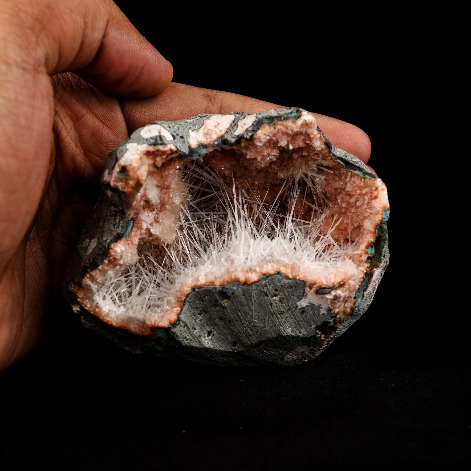 Scolecite Sprays Inside Heulandite Geode Natural Mineral Specimen - image 4