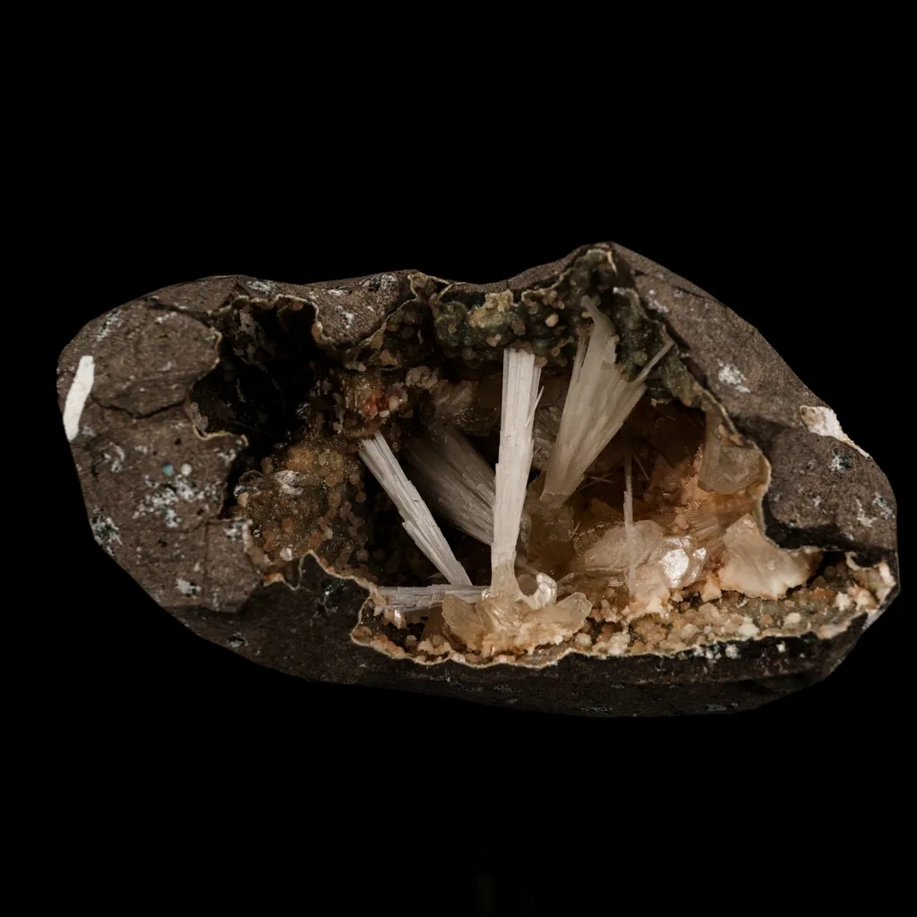 Scolecite Sprays Inside Heulandite Geode Natural Mineral Specimen image