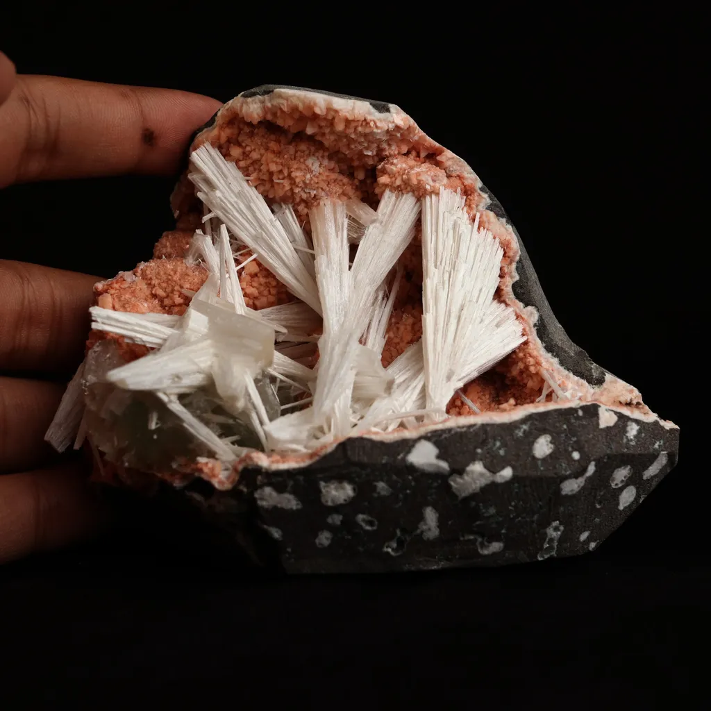 Scolecite Sprays Inside Heulandite Geode Natural Mineral Specimen - image 5