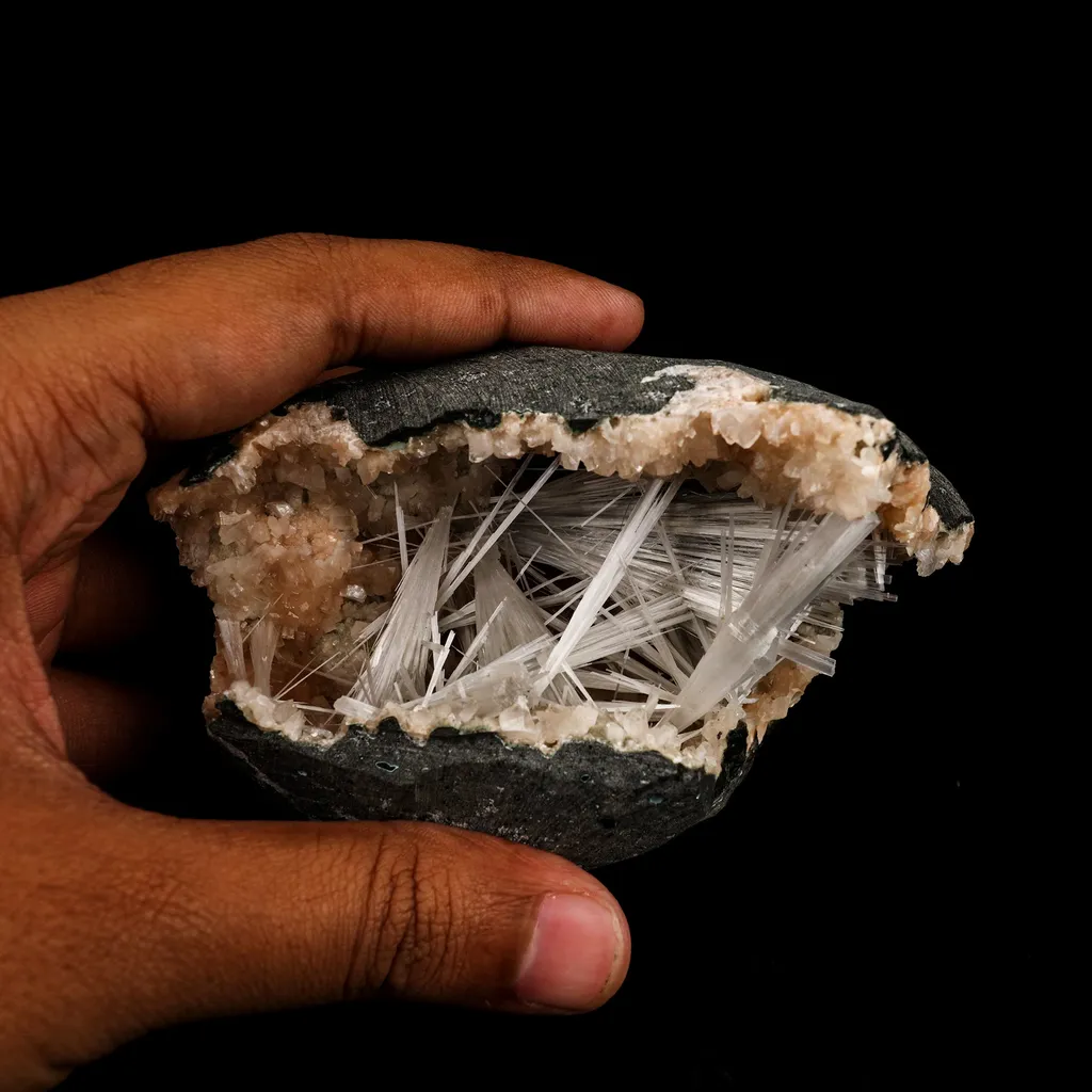 Scolecite Sprays Inside Heulandite Geode Natural Mineral Specimen - image 6