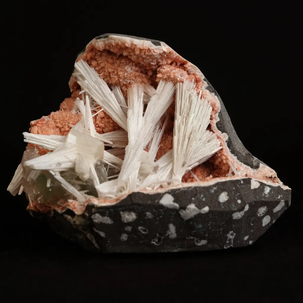 Scolecite Sprays Inside Heulandite Geode Natural Mineral Specimen image