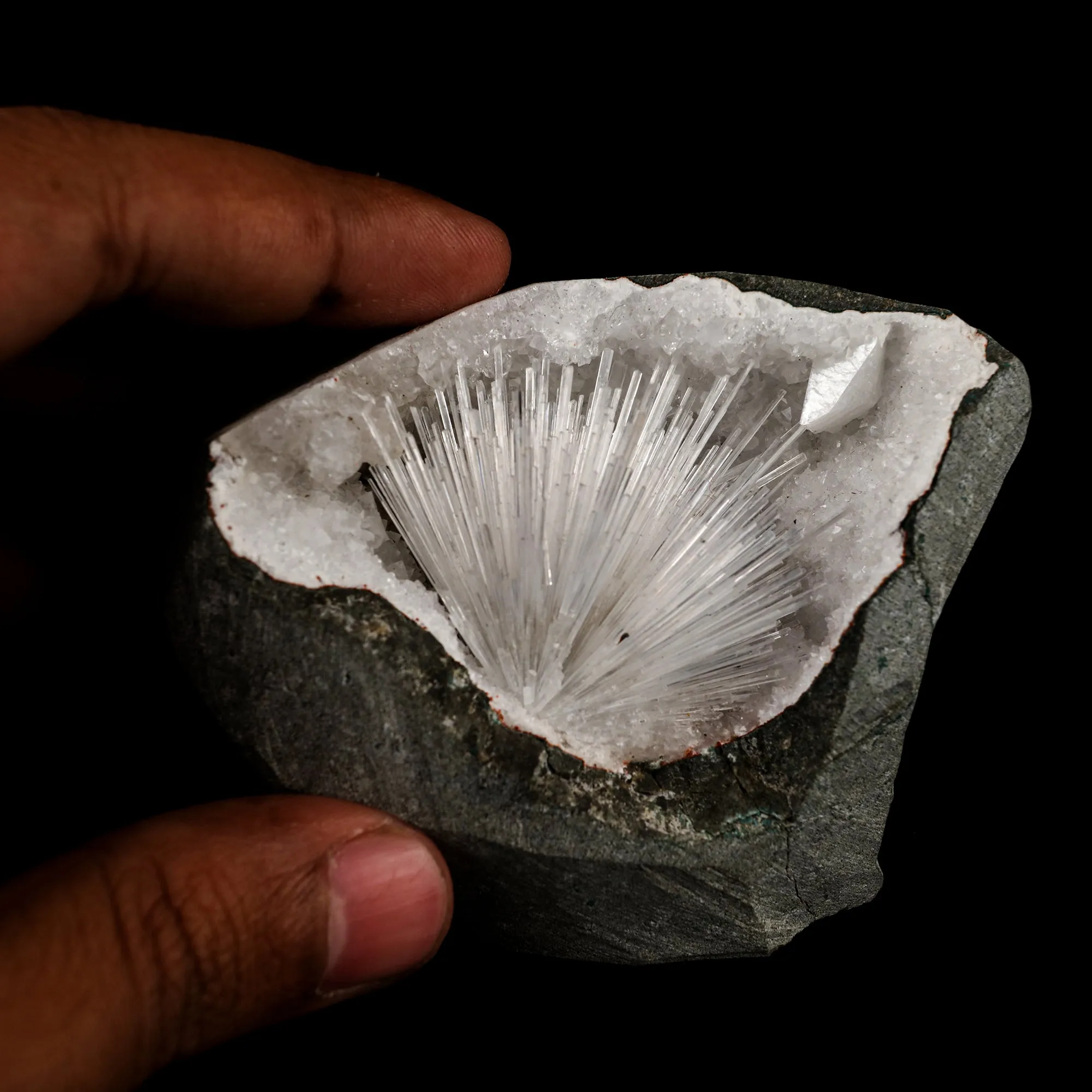 Scolecite Sprays Inside MM Quartz Geode Natural Mineral Specimen - image 5
