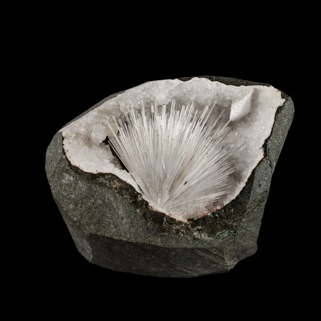 Scolecite Sprays Inside MM Quartz Geode Natural Mineral Specimen image